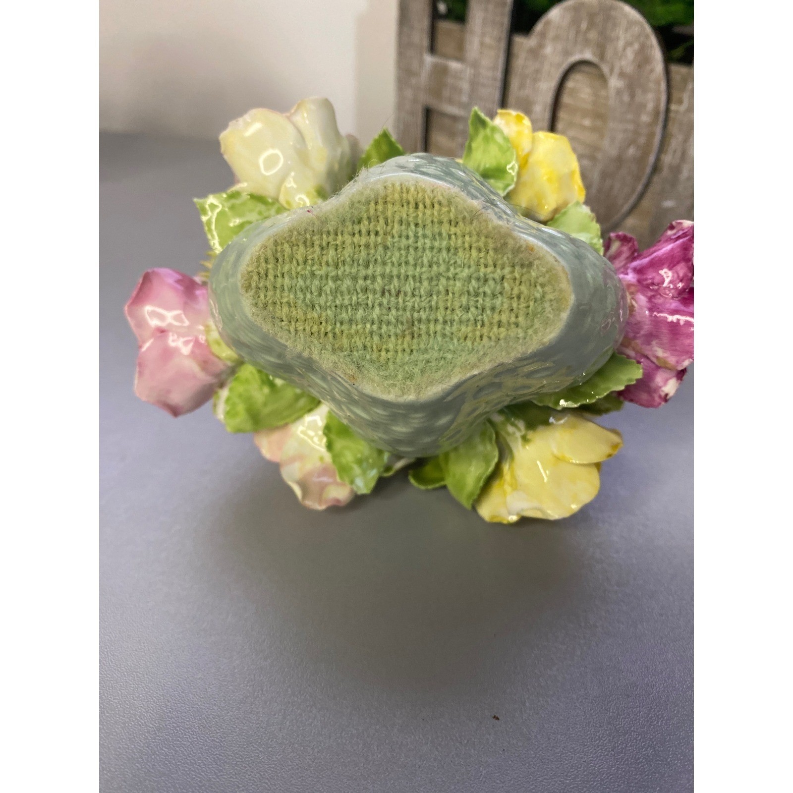 Vintage Porcelain Rose Basket Figurine Floral Arrangement Green Basket