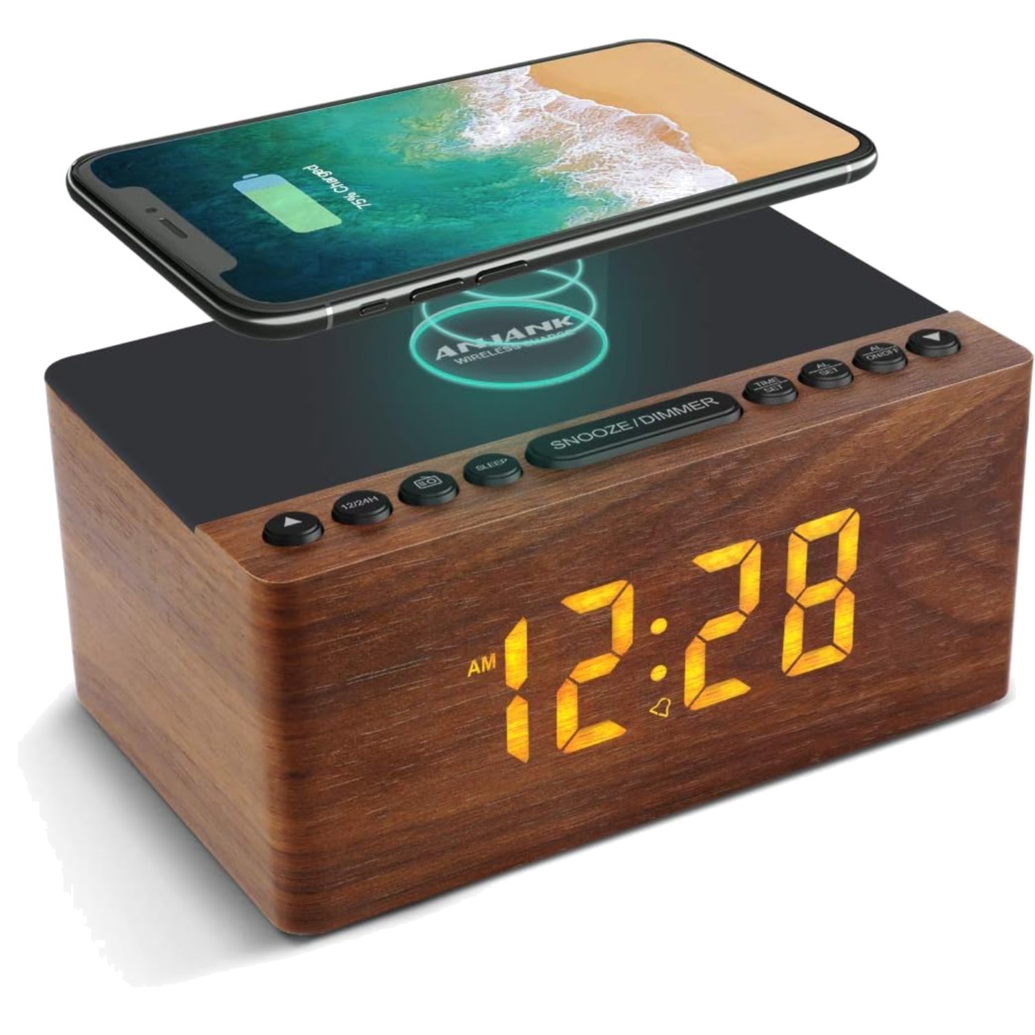 Wooden Digital LED Alarm Clock FM Radio, Fast Wireless Charger Station for iP…