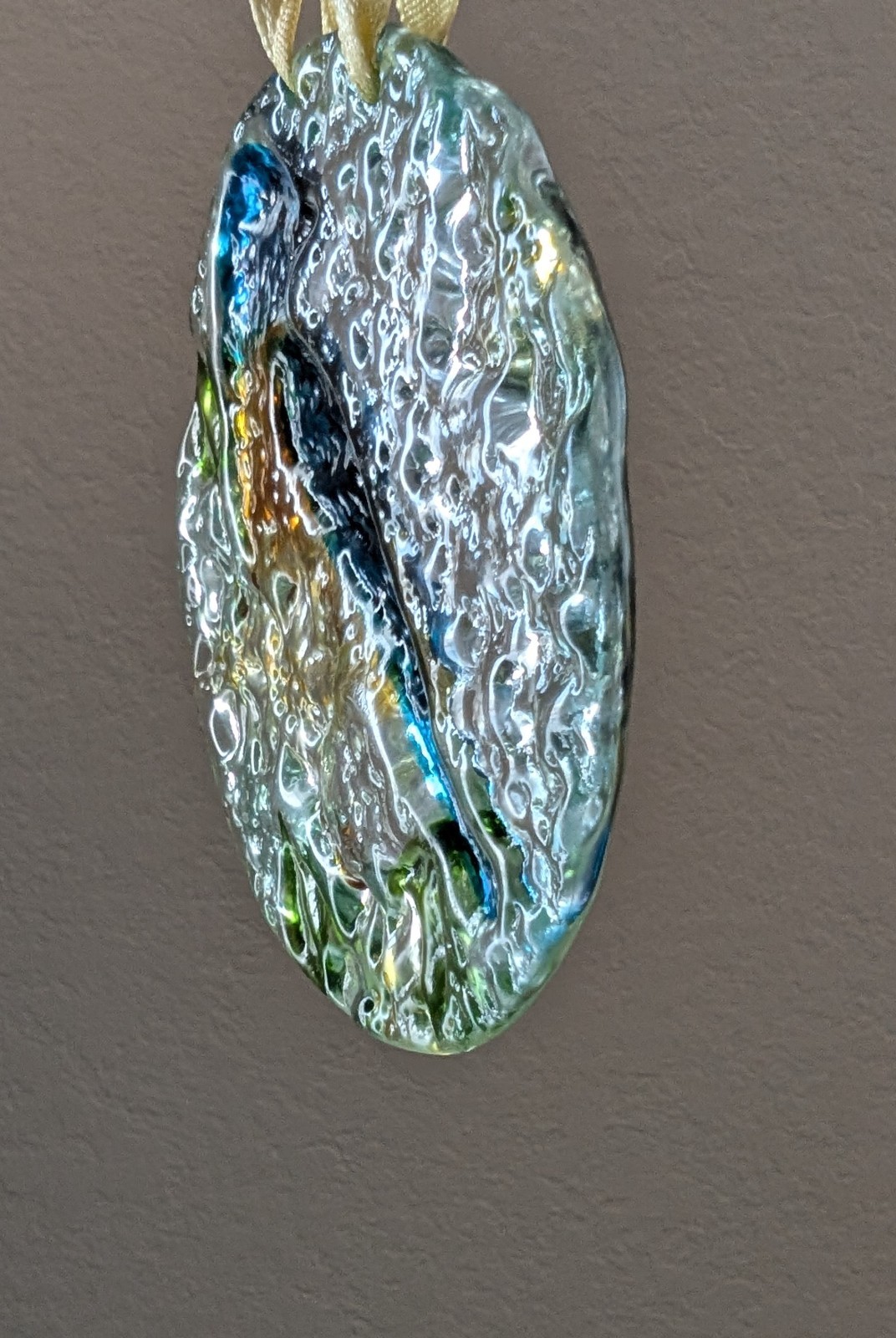 Fused glass ornament blue bird suncatcher round flowers floral bluebird yellow
