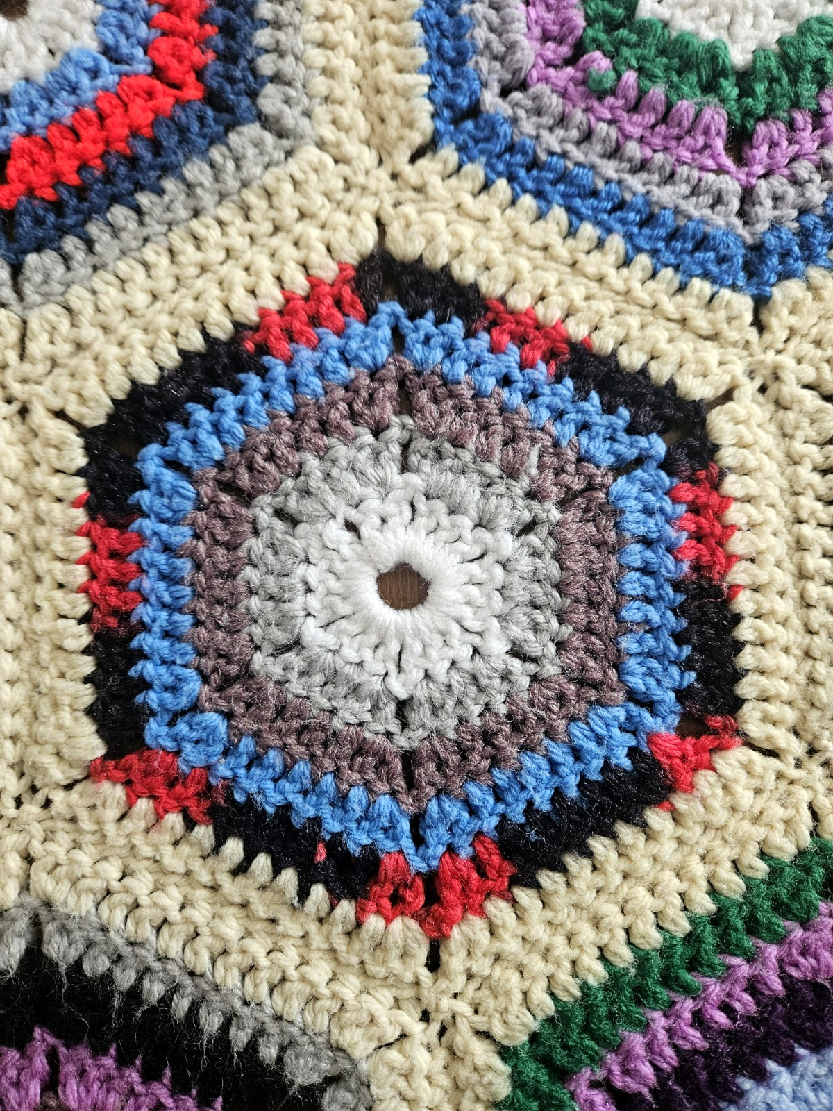Vintage Hexagon Granny Square Crocheted Afghan Blanket Colorful Yarn Handmade