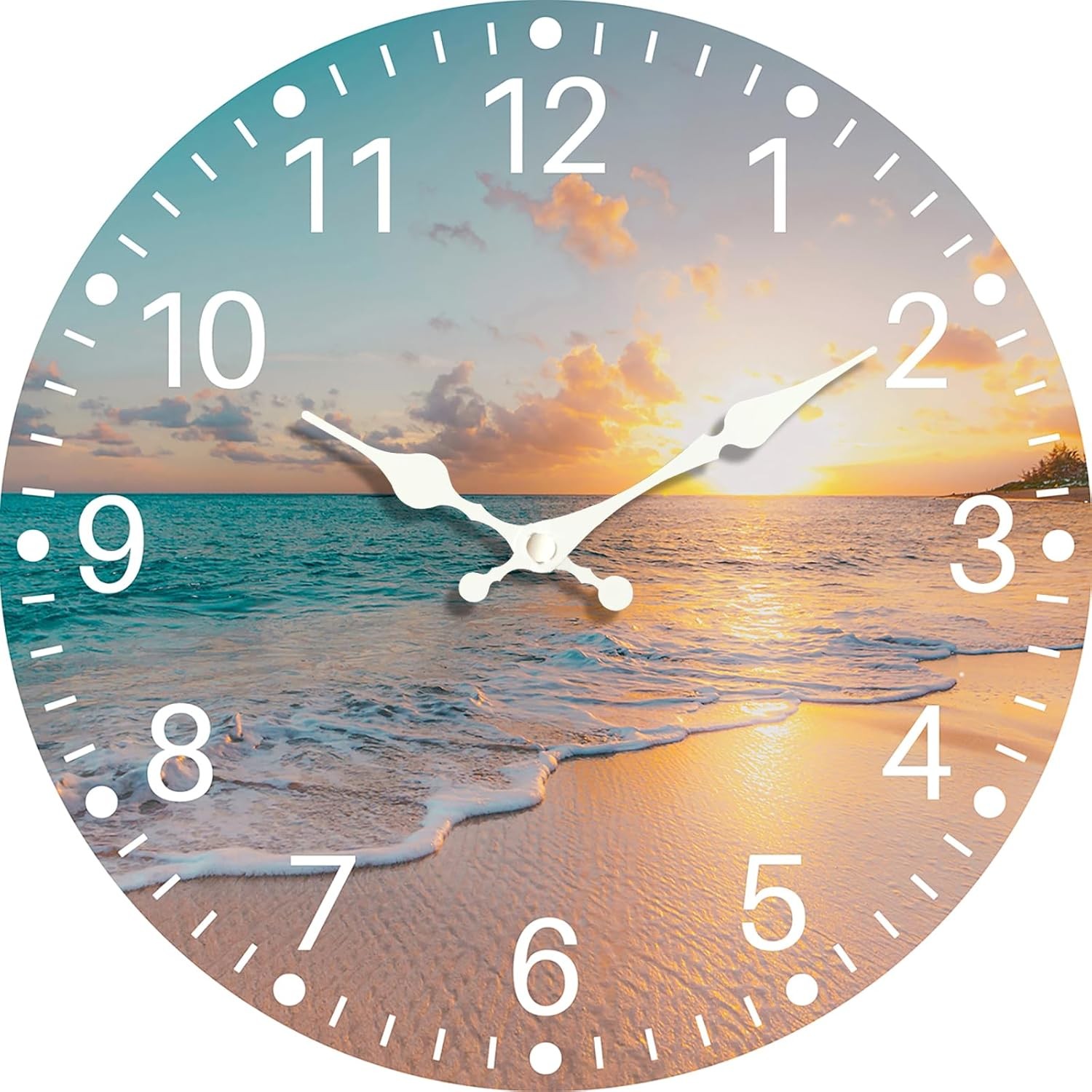 Sea Beach Blue Sky Sand 8 Inch Small Wooden Wall Clock – Silent Non-Ticking Batt