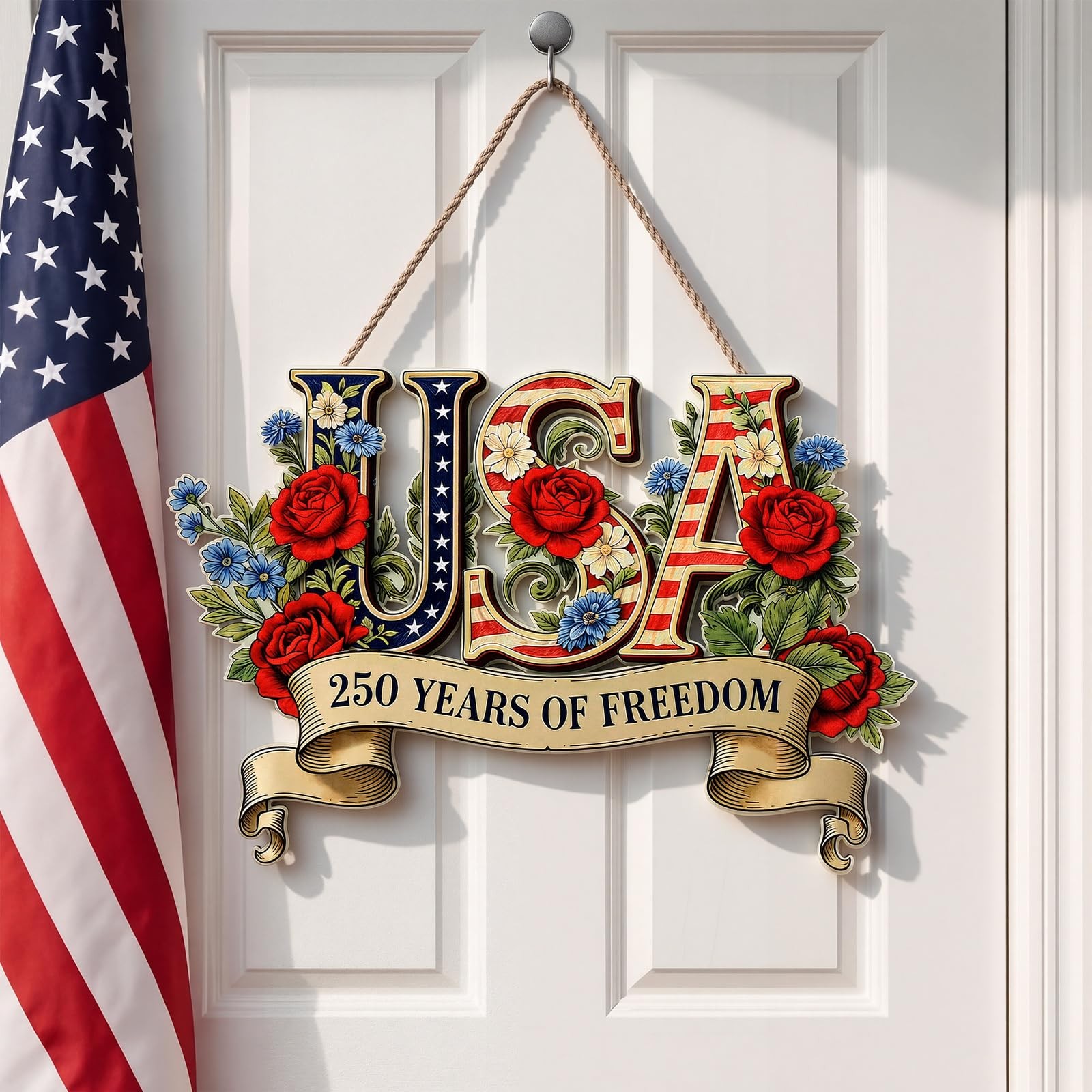 Wooden 250th Anniversary USA Front Door Sign 4th of July 250 Years of Freedom…