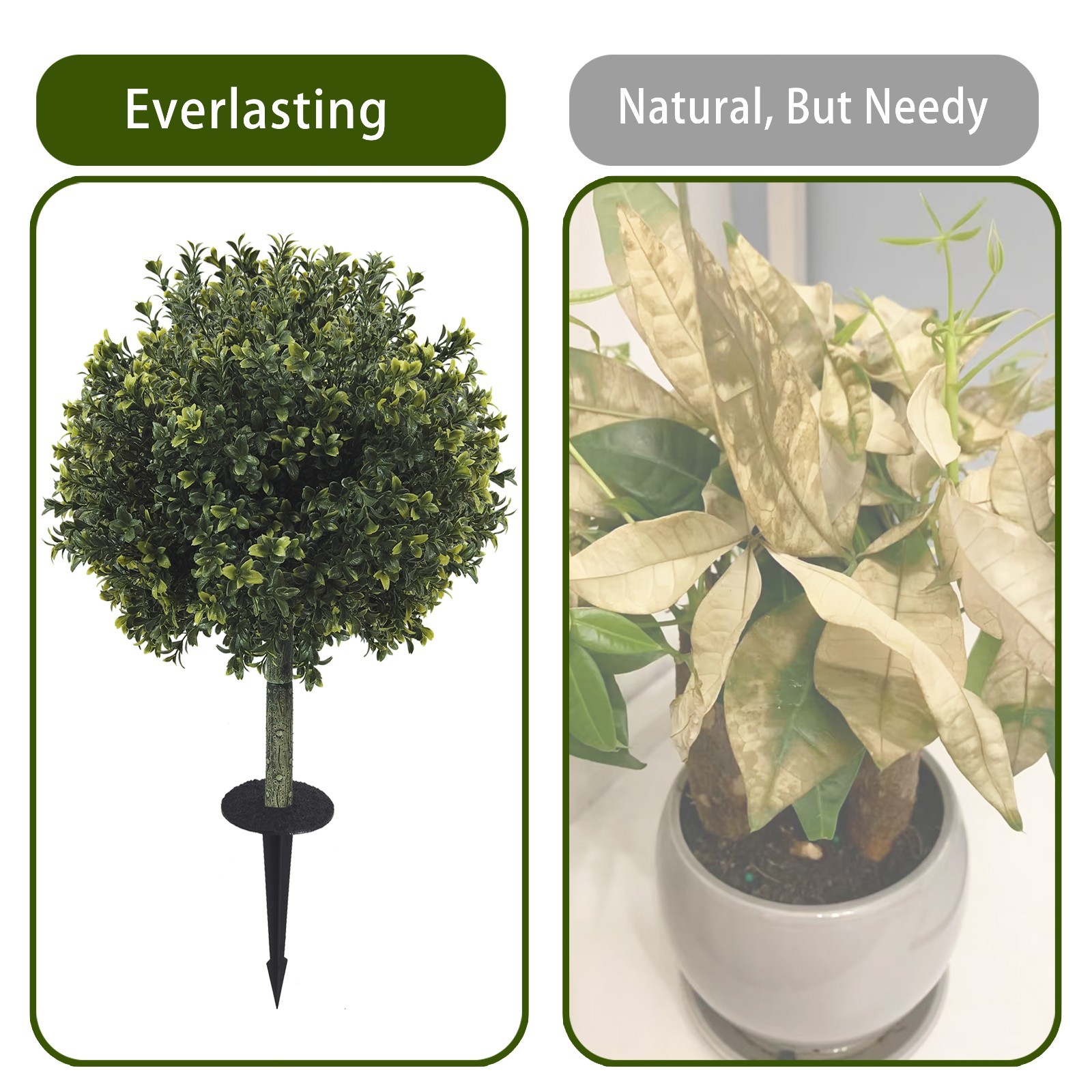 2 Pack Artificial Boxwood Topiary Ground Stake Fake Sphere Shrub Outdoor Garden