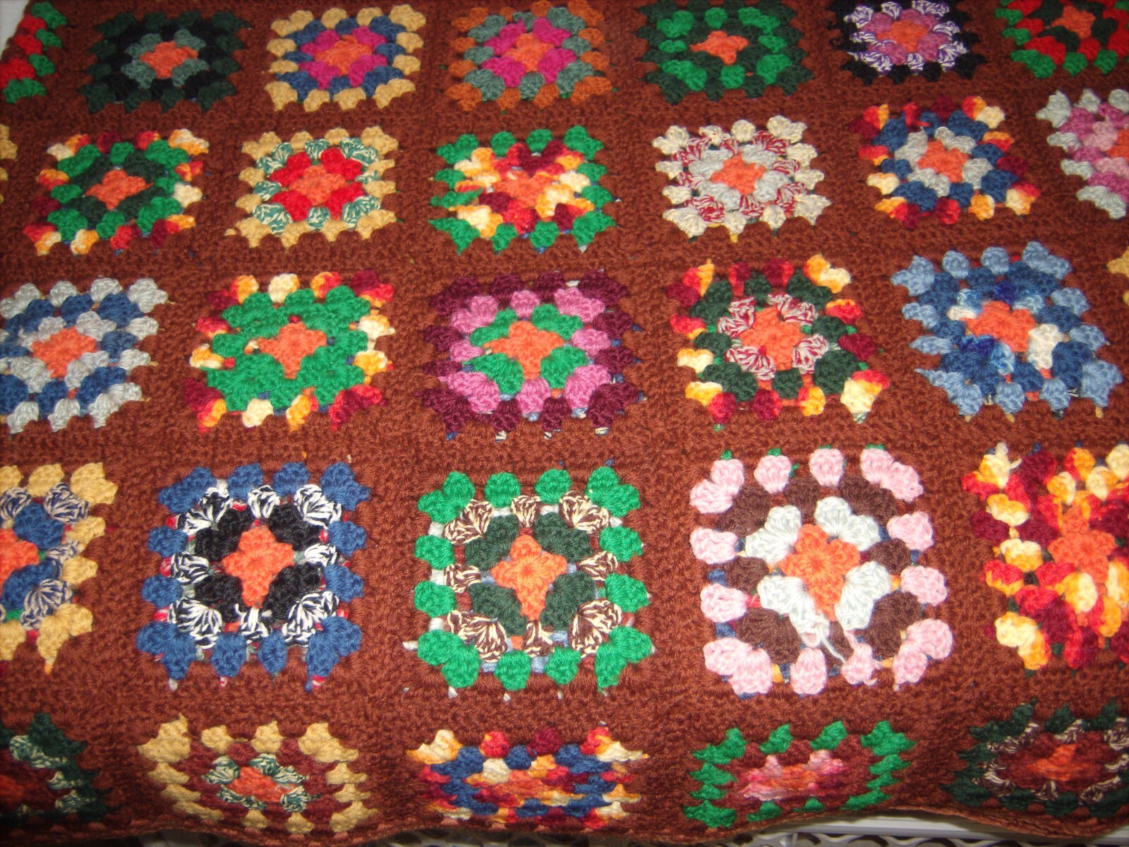VTG Crochet Granny Square Roseanne Brown Multicolor Afghan Throw Blanket 66”x82”