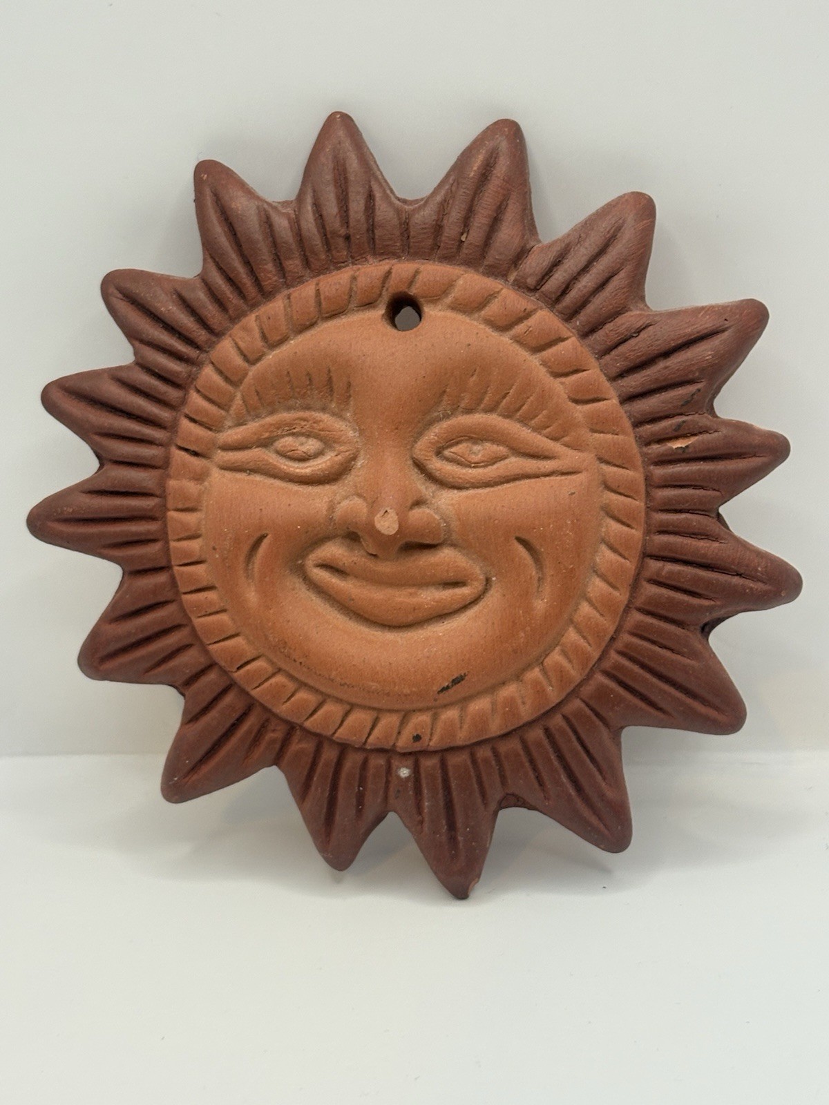 Vintage TerraCotta 3.5” Sun Face 3D Art Pottery Hanging Wall Art Indoor/Outdoor