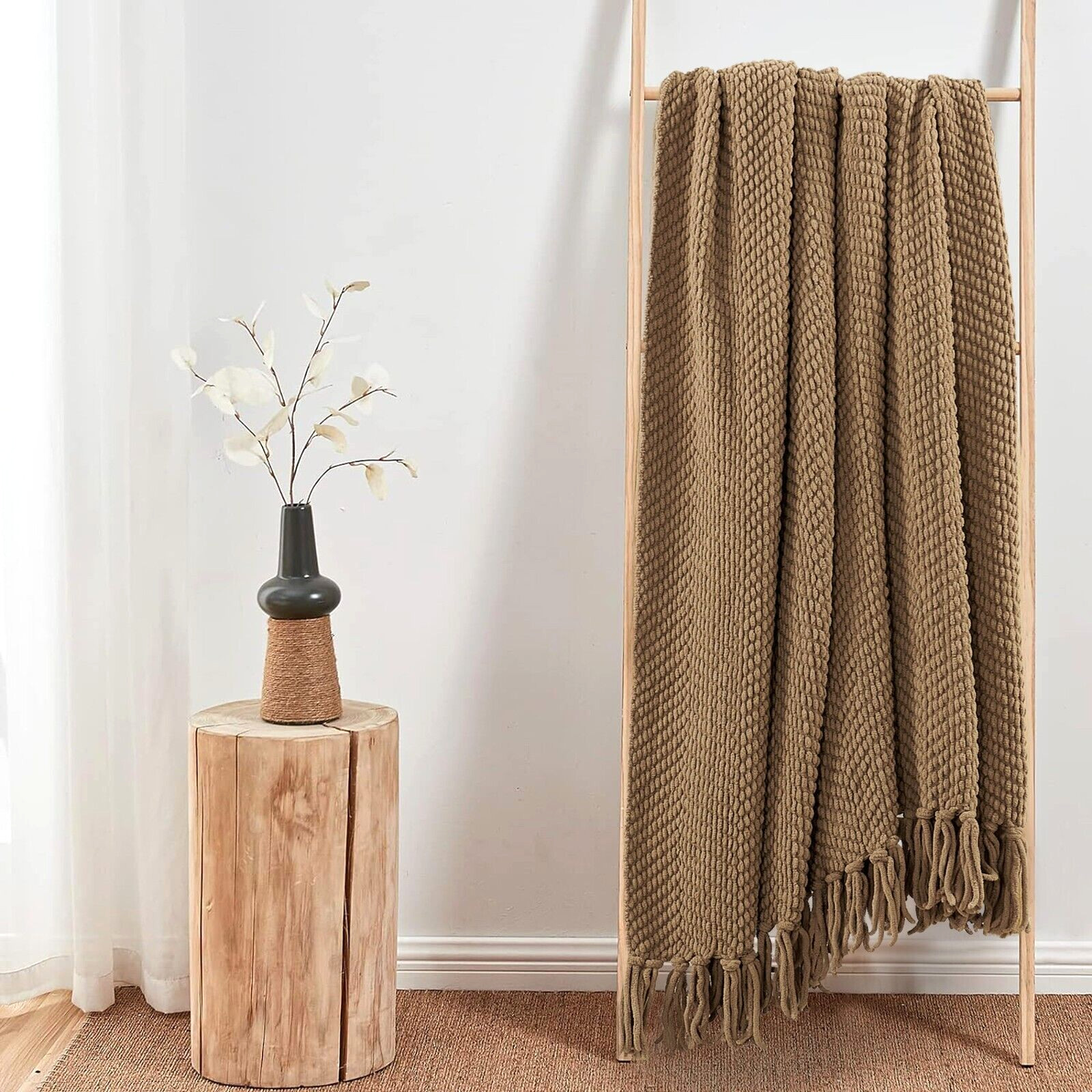 Knitted Throw Blanket with Tassels Tweed Textured Lightweight Throws for Couch