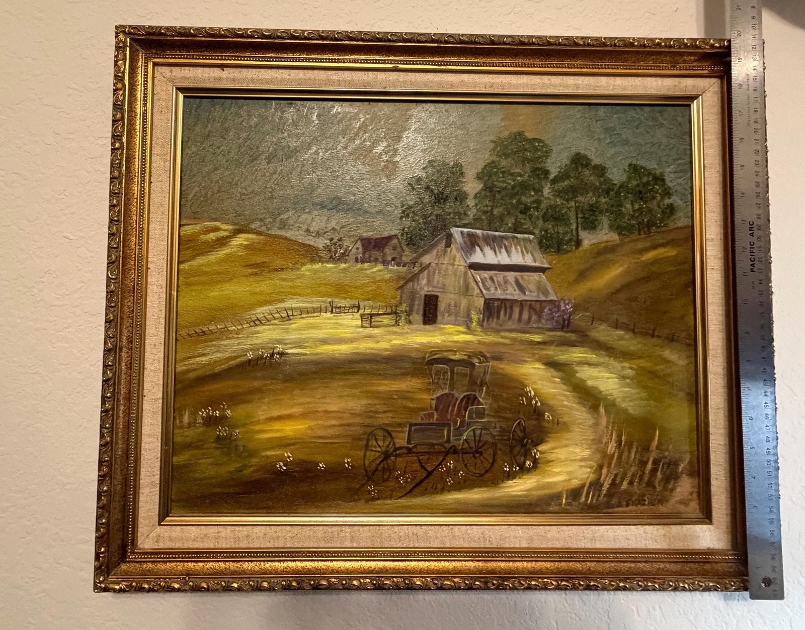 Vintage Oil Painting Signed Iva Frasier Barn Landscape 20×24 Gold Frame