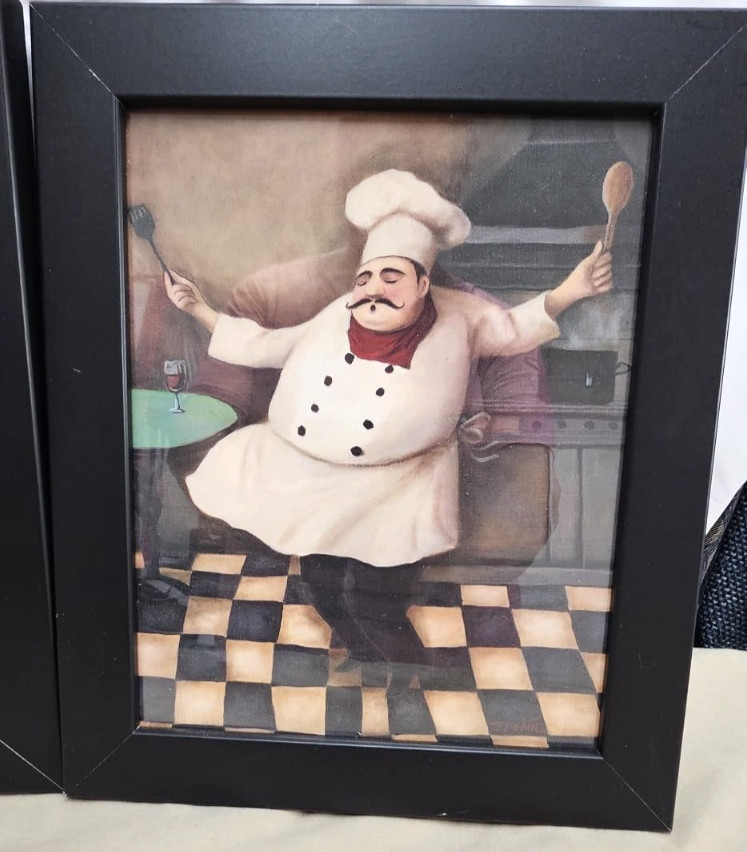 Whimsical Fat Chef Framed Wall Art Prints Set of 3 Kitchen Decor 12″x10″