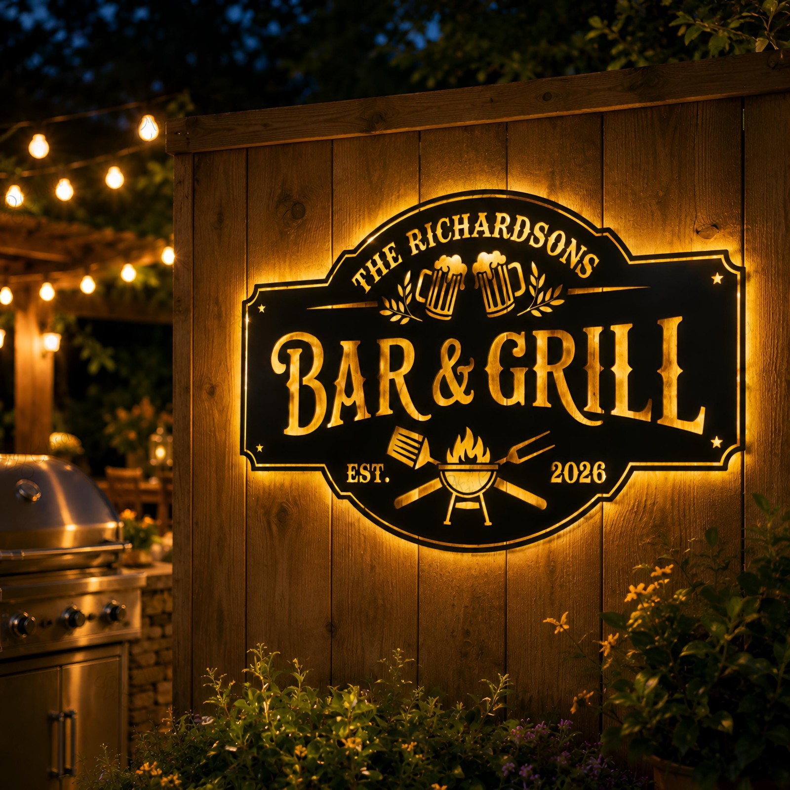 Personalized Bar and Grill Sign With Led Light, Home Bar Decor, Backyard BBQ