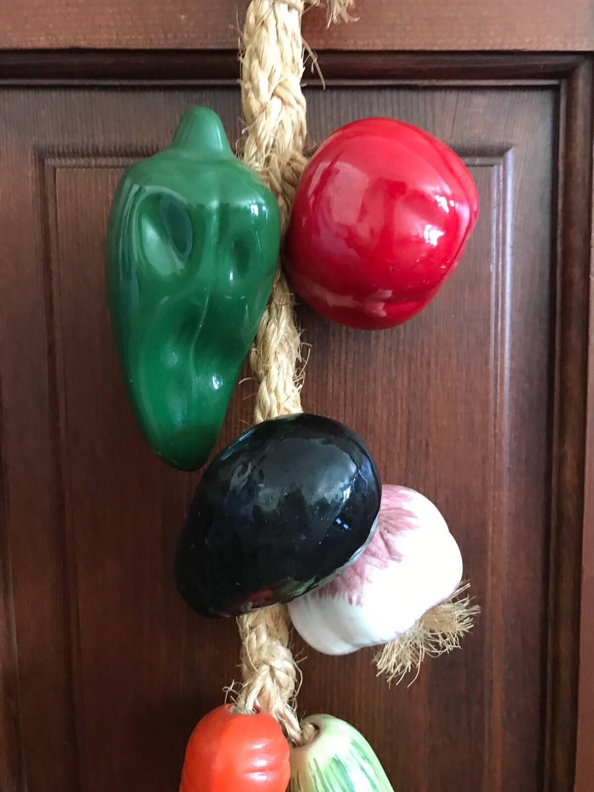 Assorted Multi-Color Ceramic Hanging Vegetables in a Braided Rope Home Decor