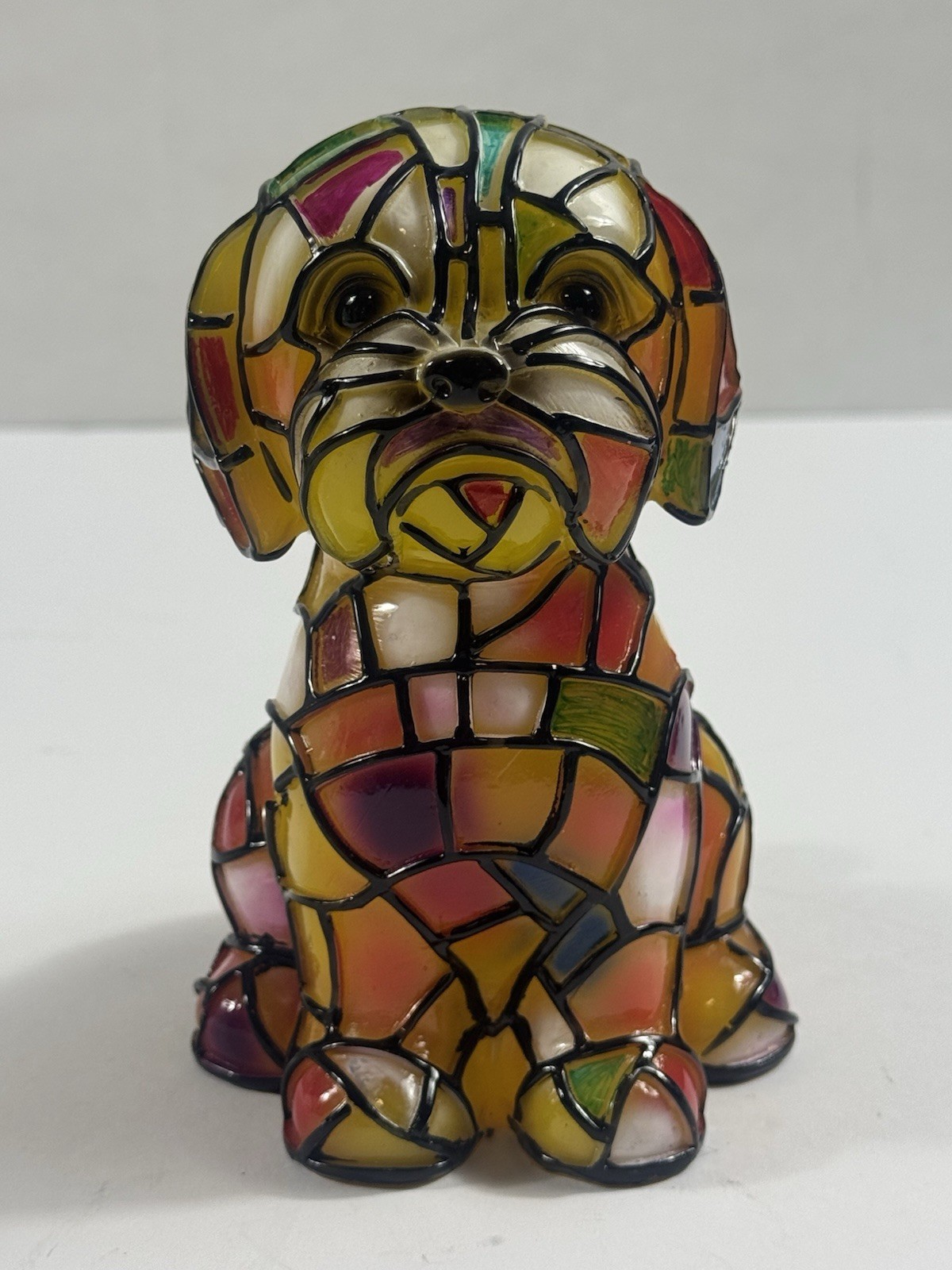 Stained Glass Style Dog Figurine Colorful Mosaic Puppy Resin Plastic Decor 6”