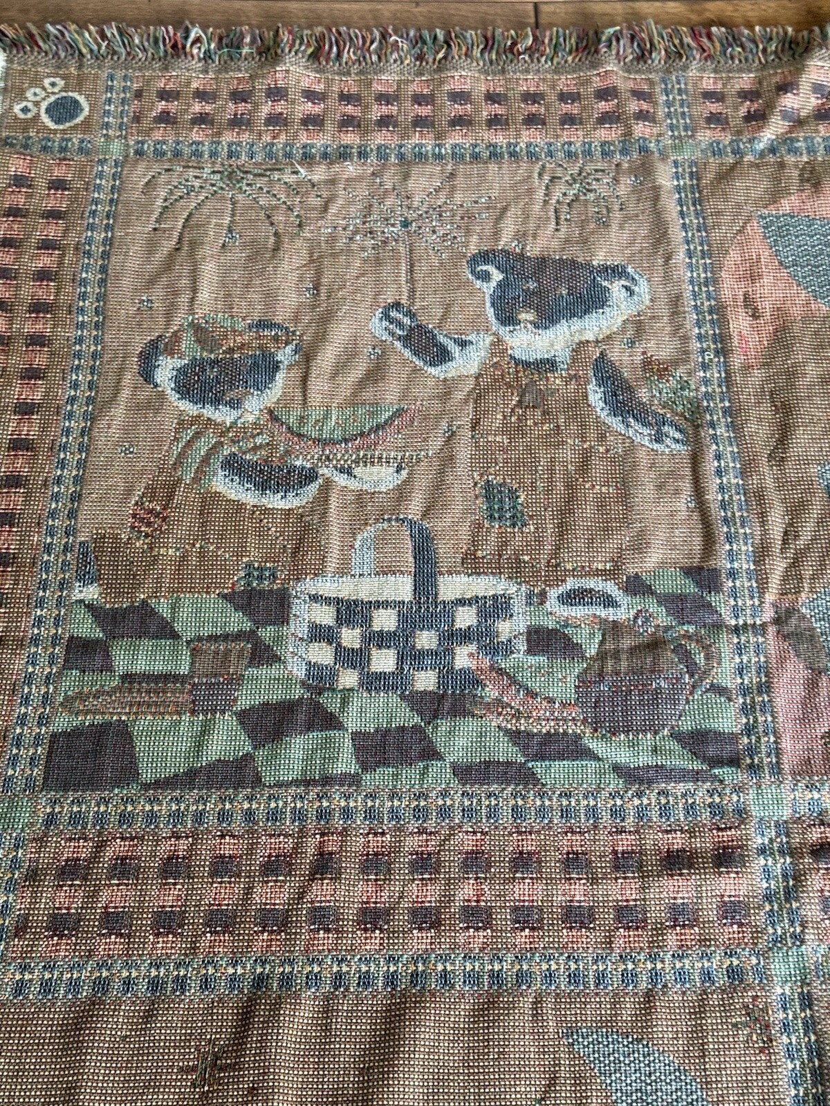 Vintage 90S Teddy Bears Cotten Jacquard Packet Throw Blanket Woven Fringe Retro