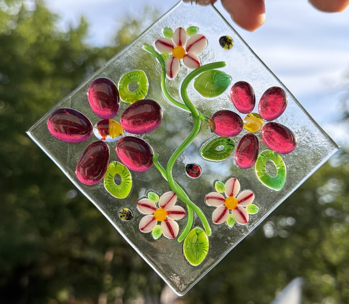 Fused Glass Handmade Diamond Shaped Multicolored Sun Catcher Signed By Artist
