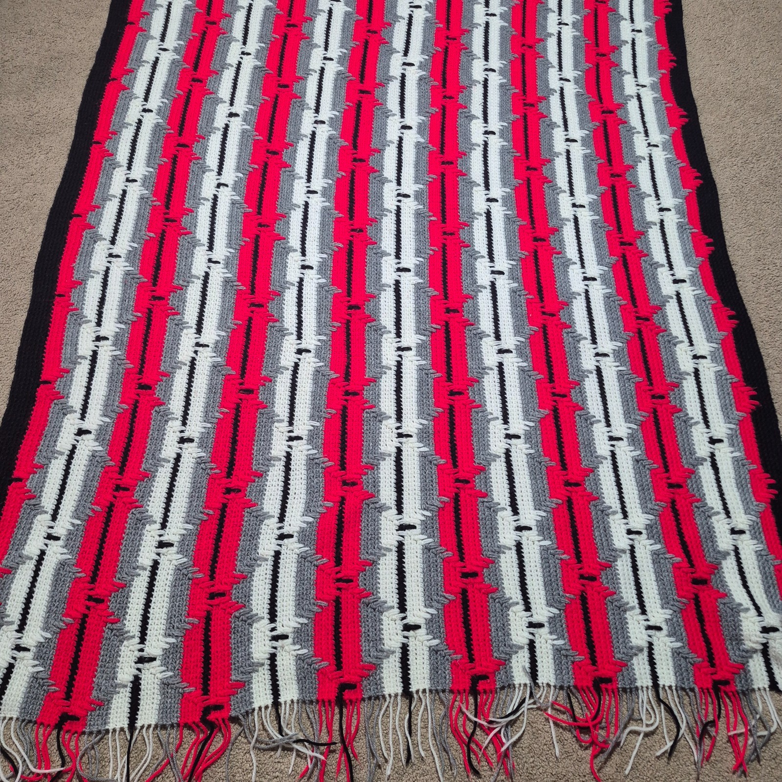 Handmade Afghan Crochet Blanket Couch Bed Throw Red Black White Gray 86″ x 49″