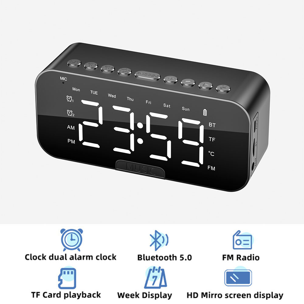 Portable Digital Alarm Clock FM Radio Wireless Bluetooth Mirror LED With Speaker
