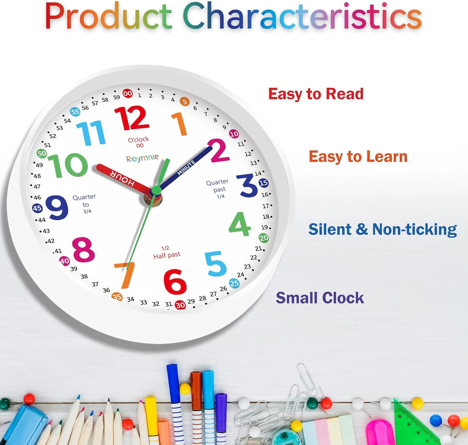 Kids Learning Wall Clock Colorful Non-Ticking Silent Analog Teaching Tool