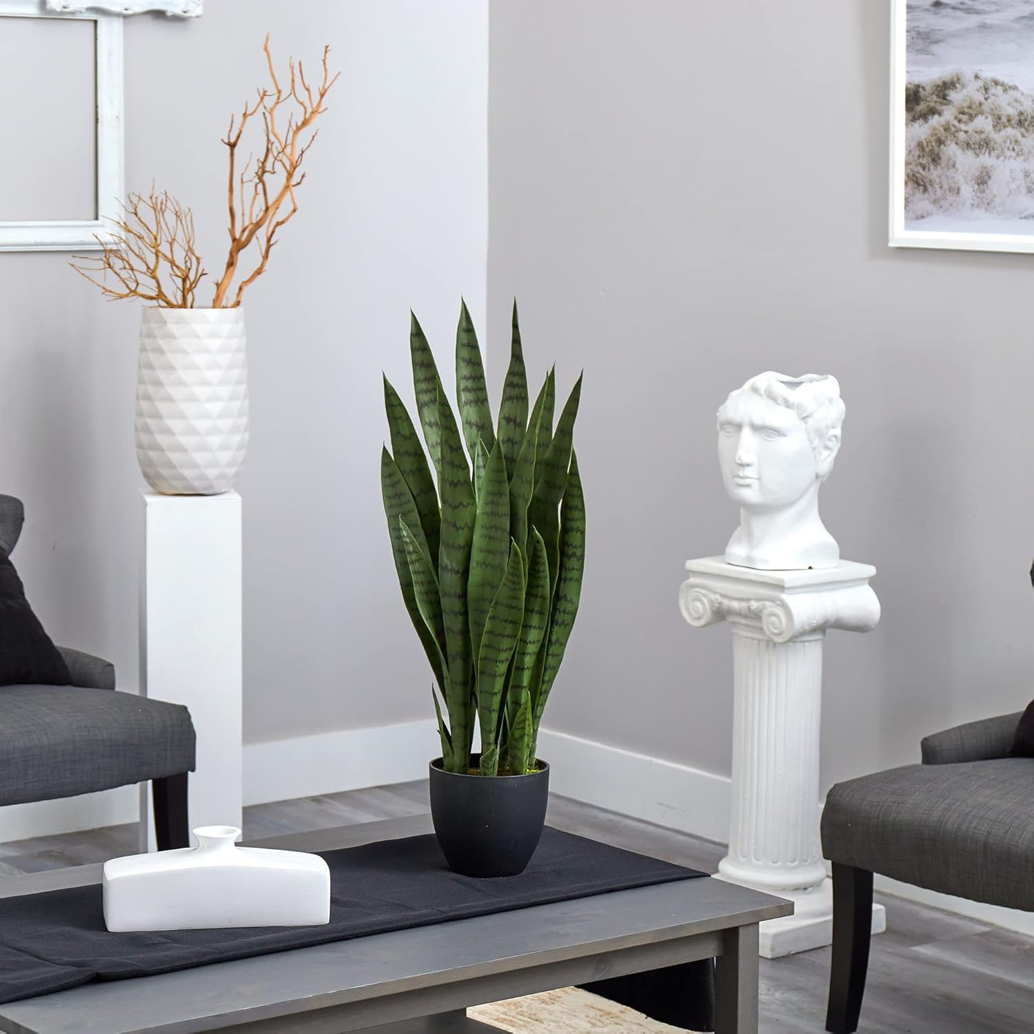 35In Artificial Snake Plant, Sansevieria Faux Greenery with Black Planter for In