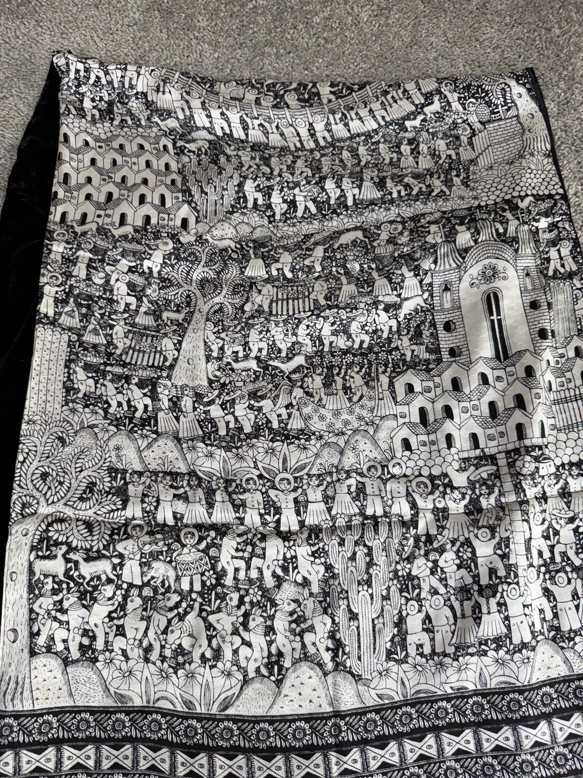 Black White Silk Wall Hanging Tapestry Ethnic Folk Art Village Scene Decor