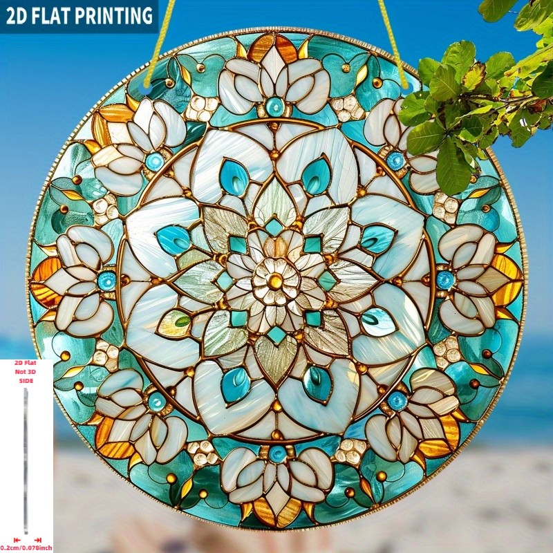 Turquoise Lotus Mandala Suncatcher, Stained Glass Style Acrylic Window Decor