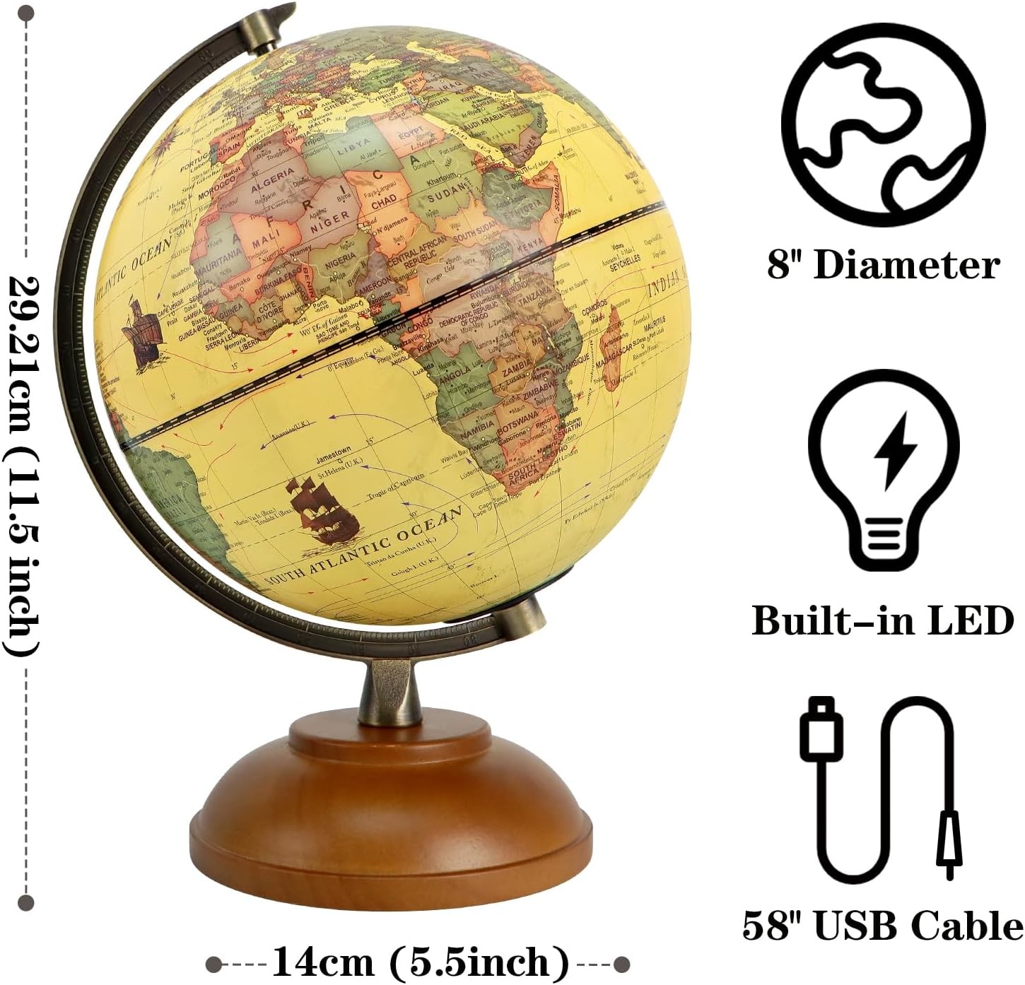 Illuminated World Globe with Wood Stand, 8” Vintage Globes for Adults, Light Up