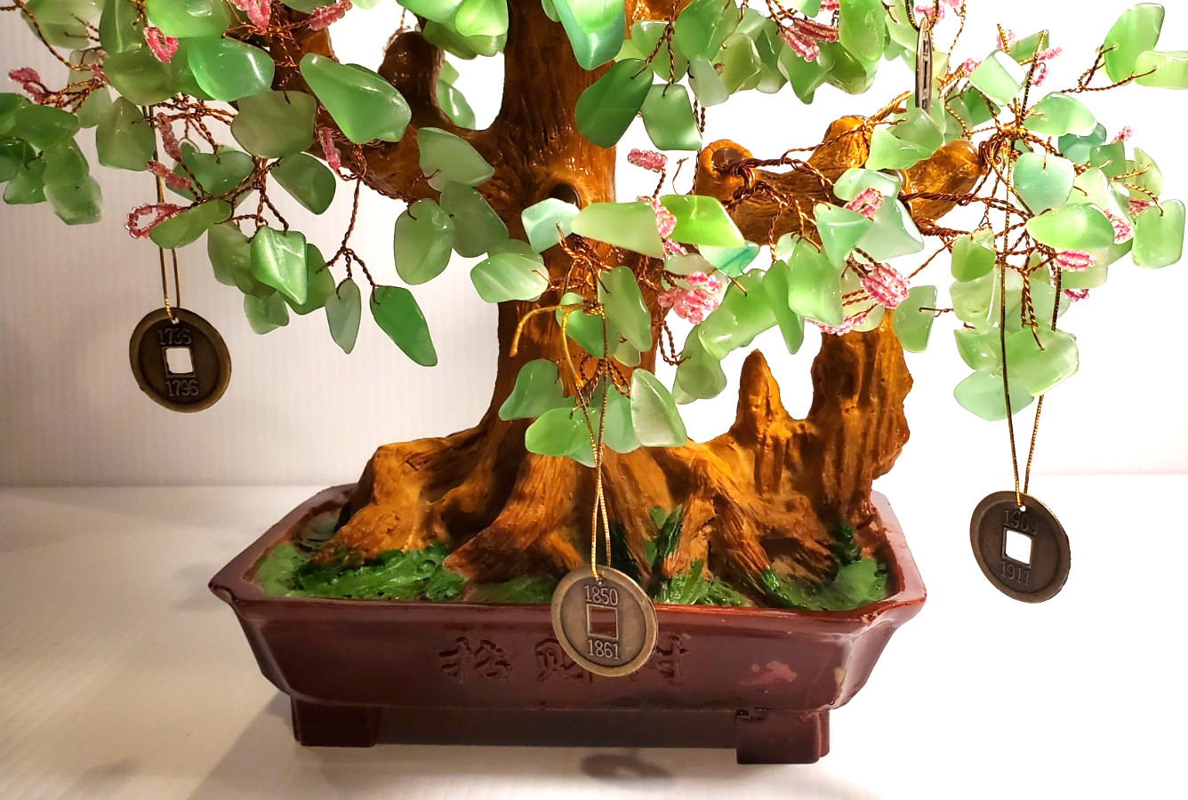 Vintage Bonsai Pink Flowers Green Glass Leaves Good Luck Money Coin Tree