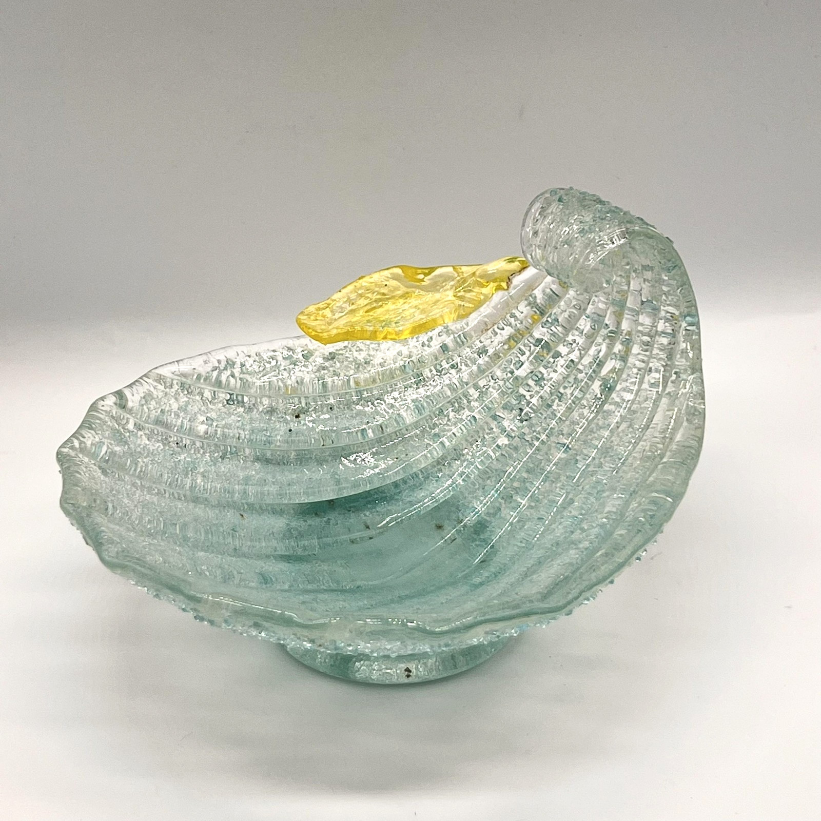 Vintage Studio Art Overshot Glass Shell Bowl Aqua Seafoam Blue Yellow Accent