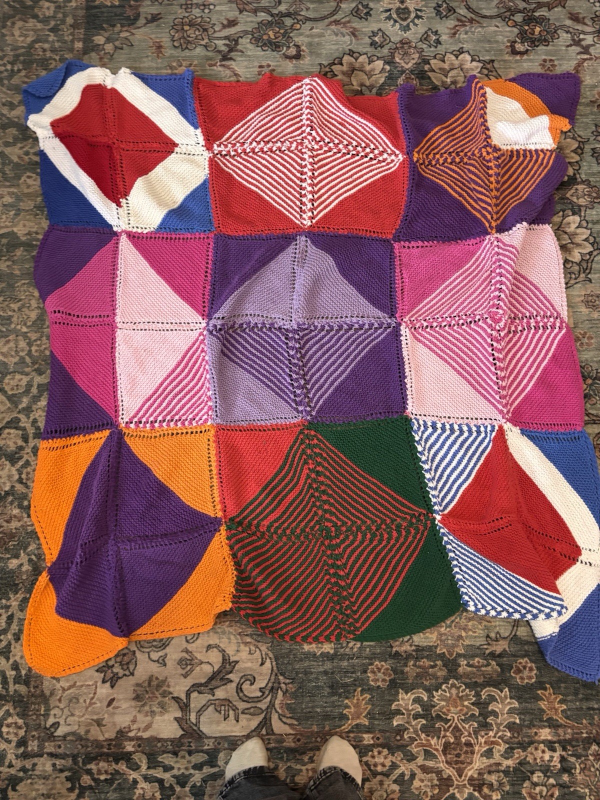 Vintage Hand Knit Patchwork Blanket 54×62 Geometric Retro Colorblock Throw