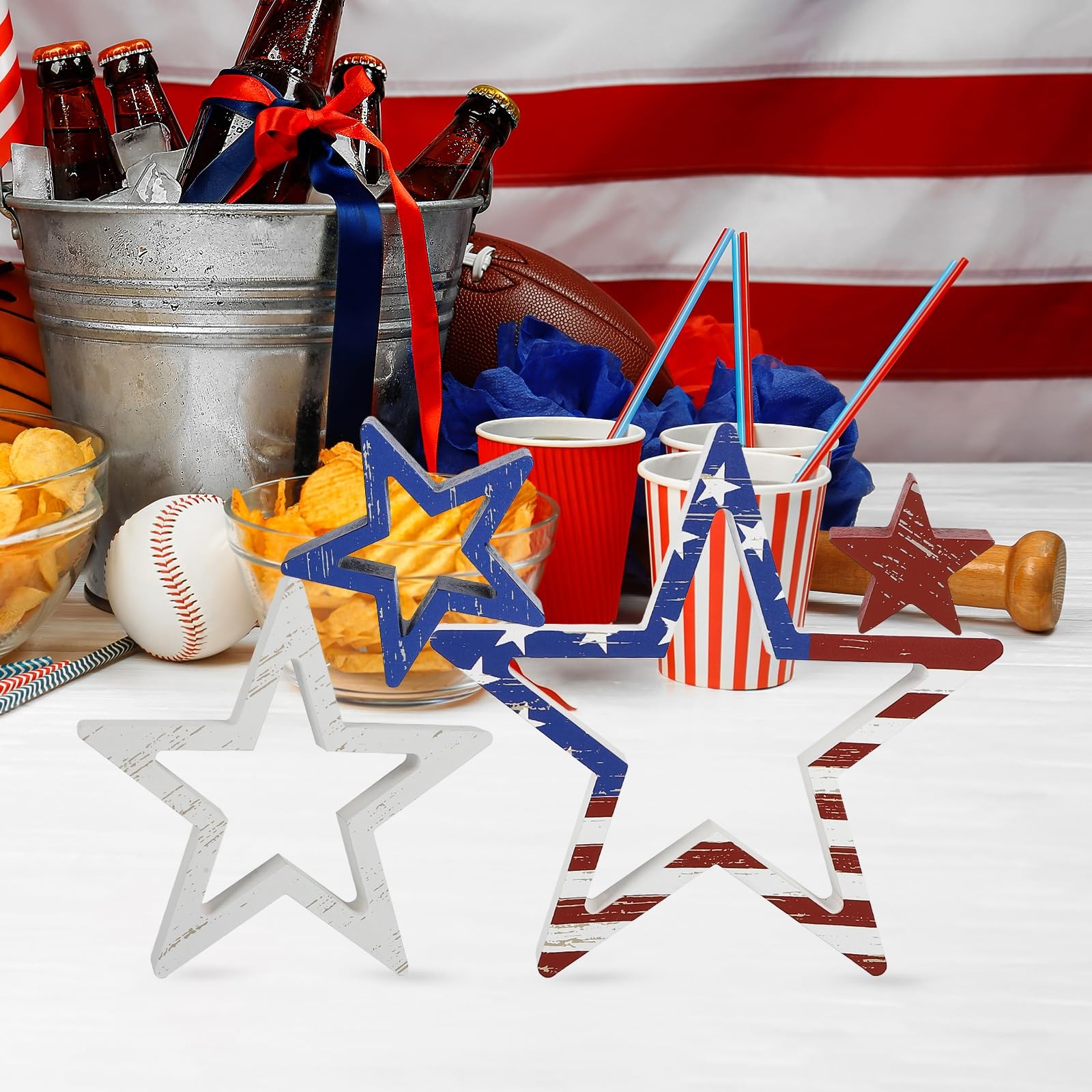 4Th of July Decorations Stars Set of 4, Red White Blue Decor, Patriotic Memorial