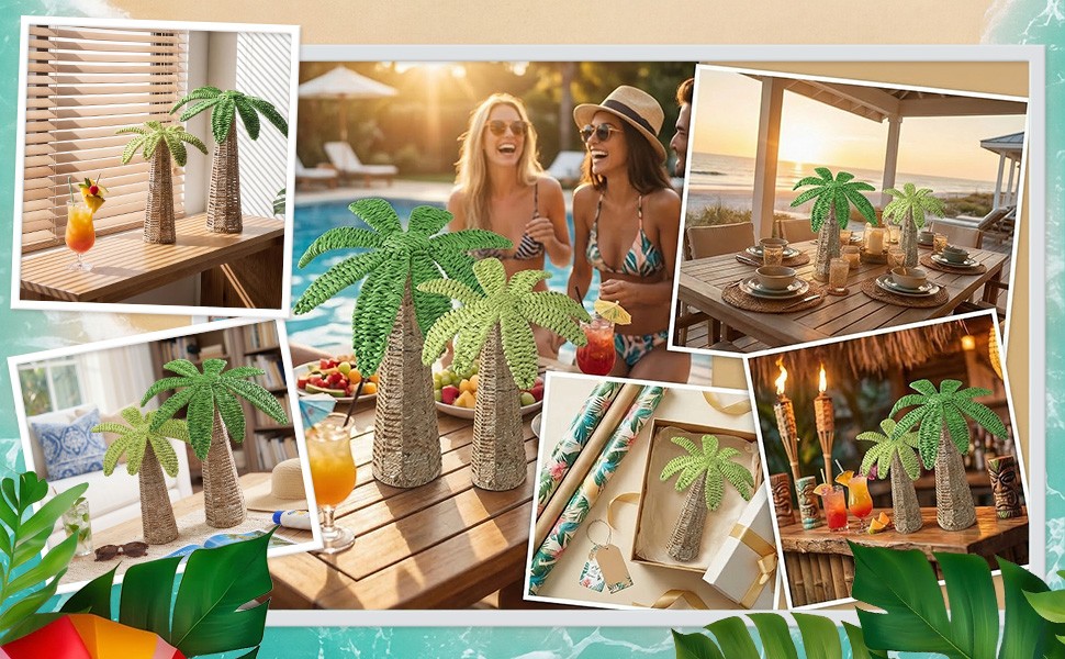 2 Pcs Weave Palm Tree Tabletop Decor, 9.8″ & 7″ Woven Rattan Palm Trees Tropical