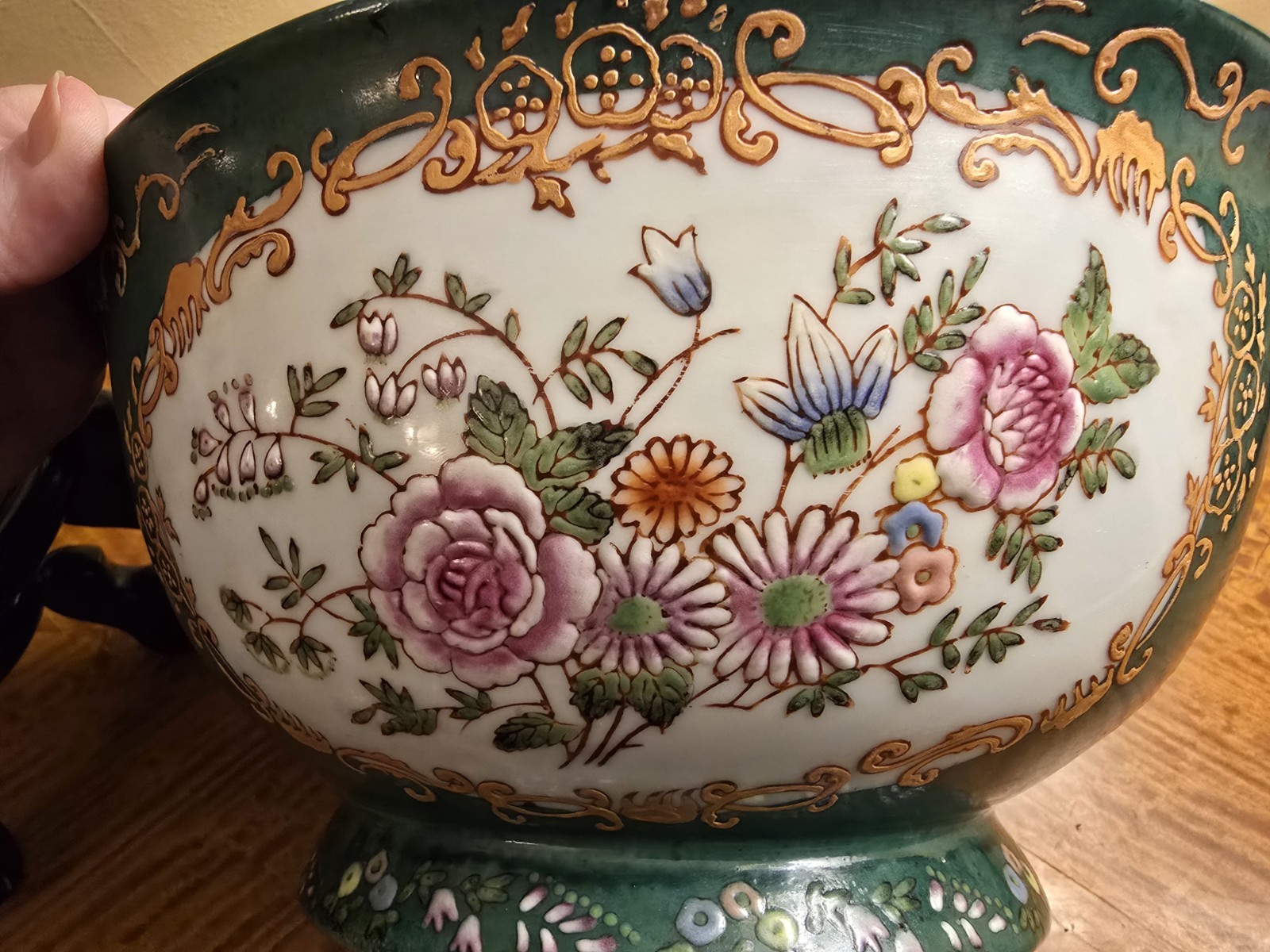 10″ Green Glazed Decorative Footed Bowl w/ Enameled Floral Design & Gold Detail