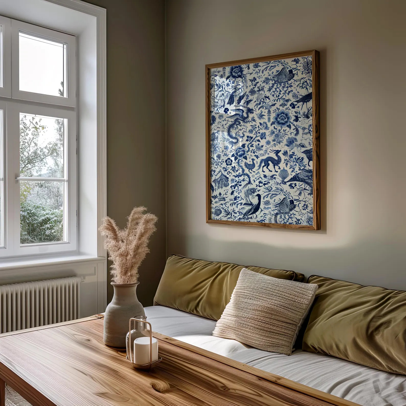 Blue and White Chinoiserie Wall Art, Framed Dragon, Bird, and Plant Print