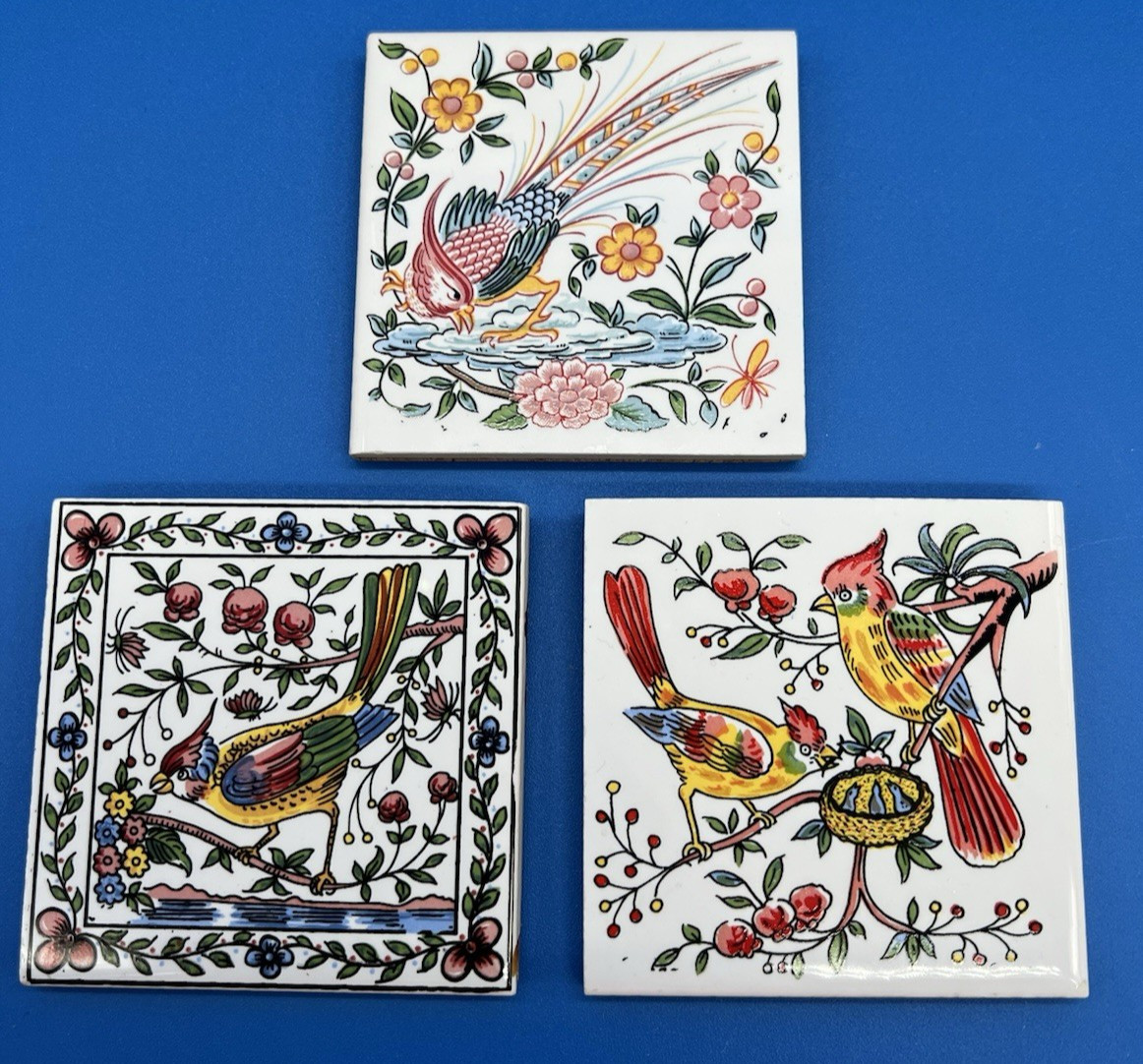 Set Of 3 Colorful Miniature Wall Trivets Birds Floral Israel Souvenirs 3”x3”