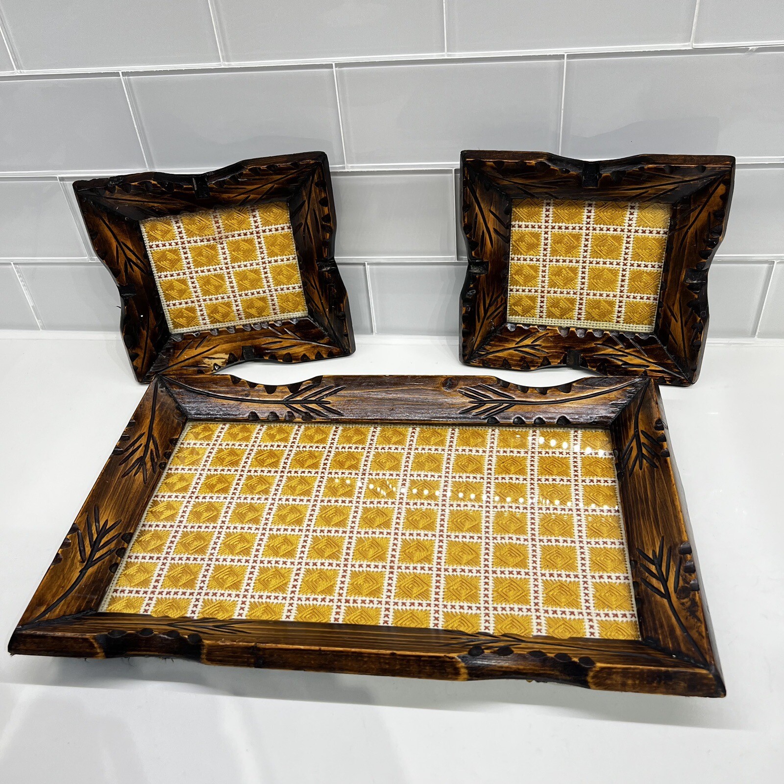 Set of 3 Handmade Wood and Glass Serving Tray Etched w/ Embroidered Appliqué