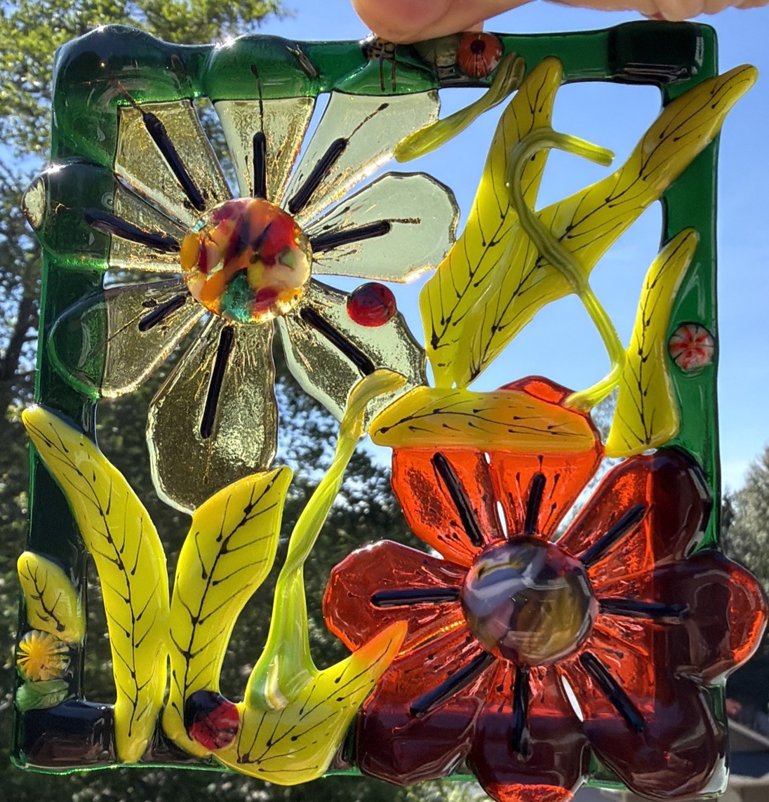 Fused Glass Handmade Rectangular Multicolor Sun Catcher Signed By Artist