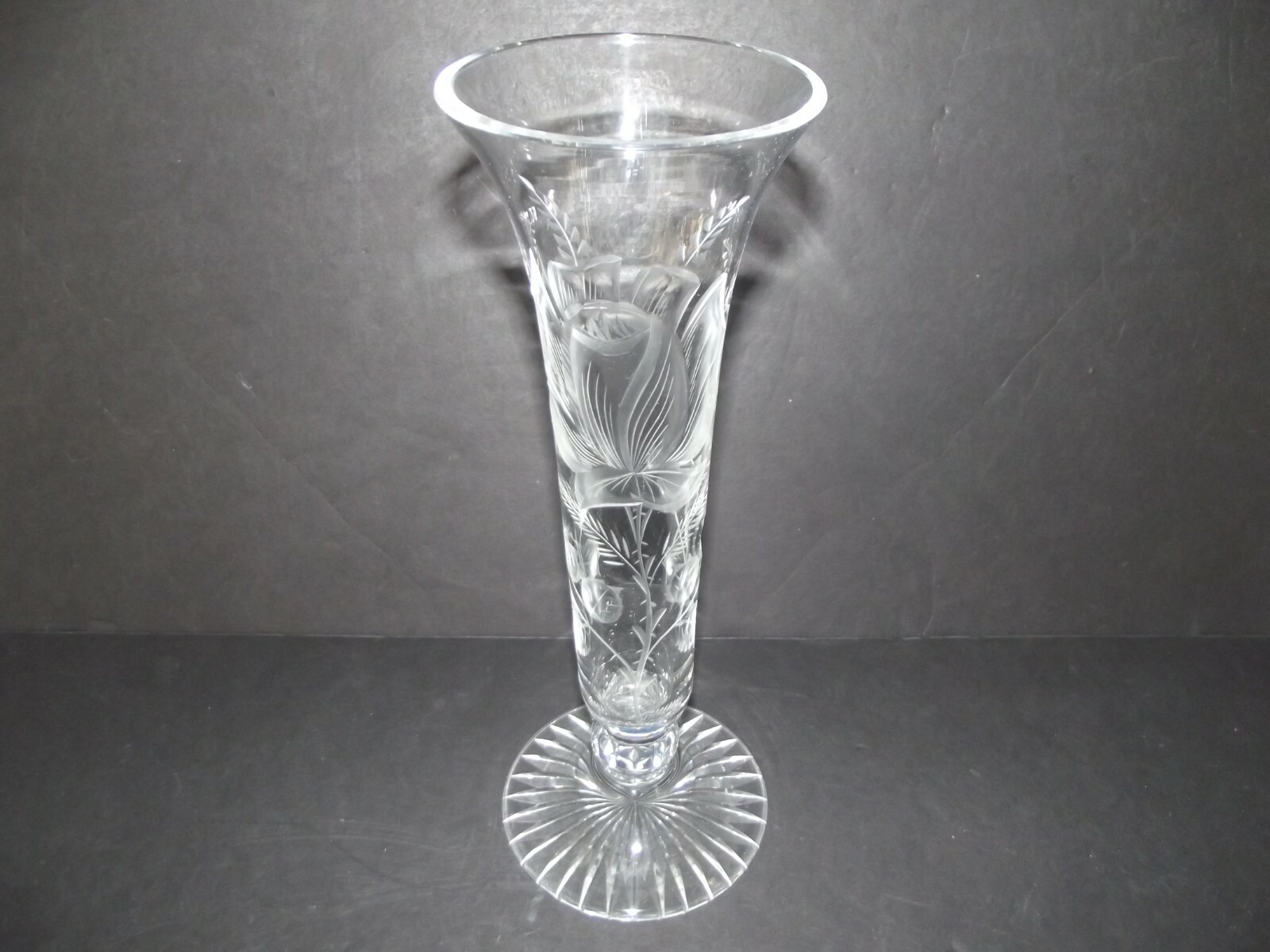 12″ footed Trumpet Flared VASE Art Glass leaded Crystal etched cut engraved Rose