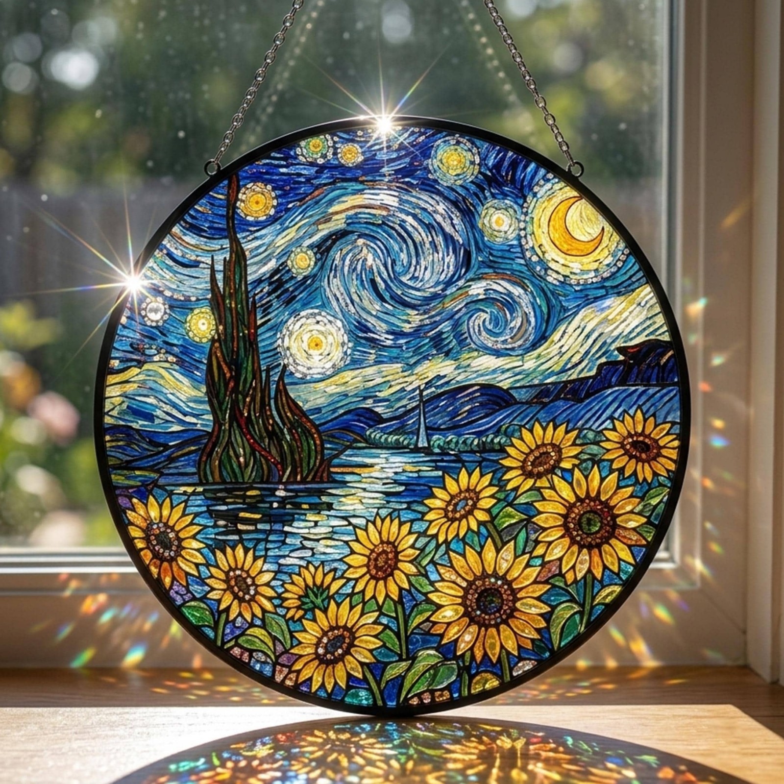 Van Gogh Starry Night Stained Glass Suncatcher, Sunflower Window Hanging Decor