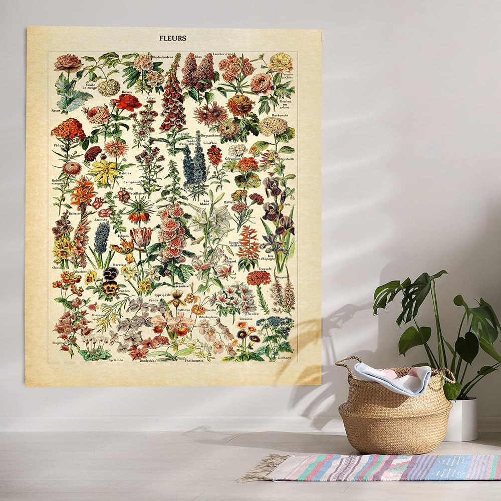 Vintage Flowers Tapestry 48”X36”, Long Vertical Wall Hanging Reference Illustrat