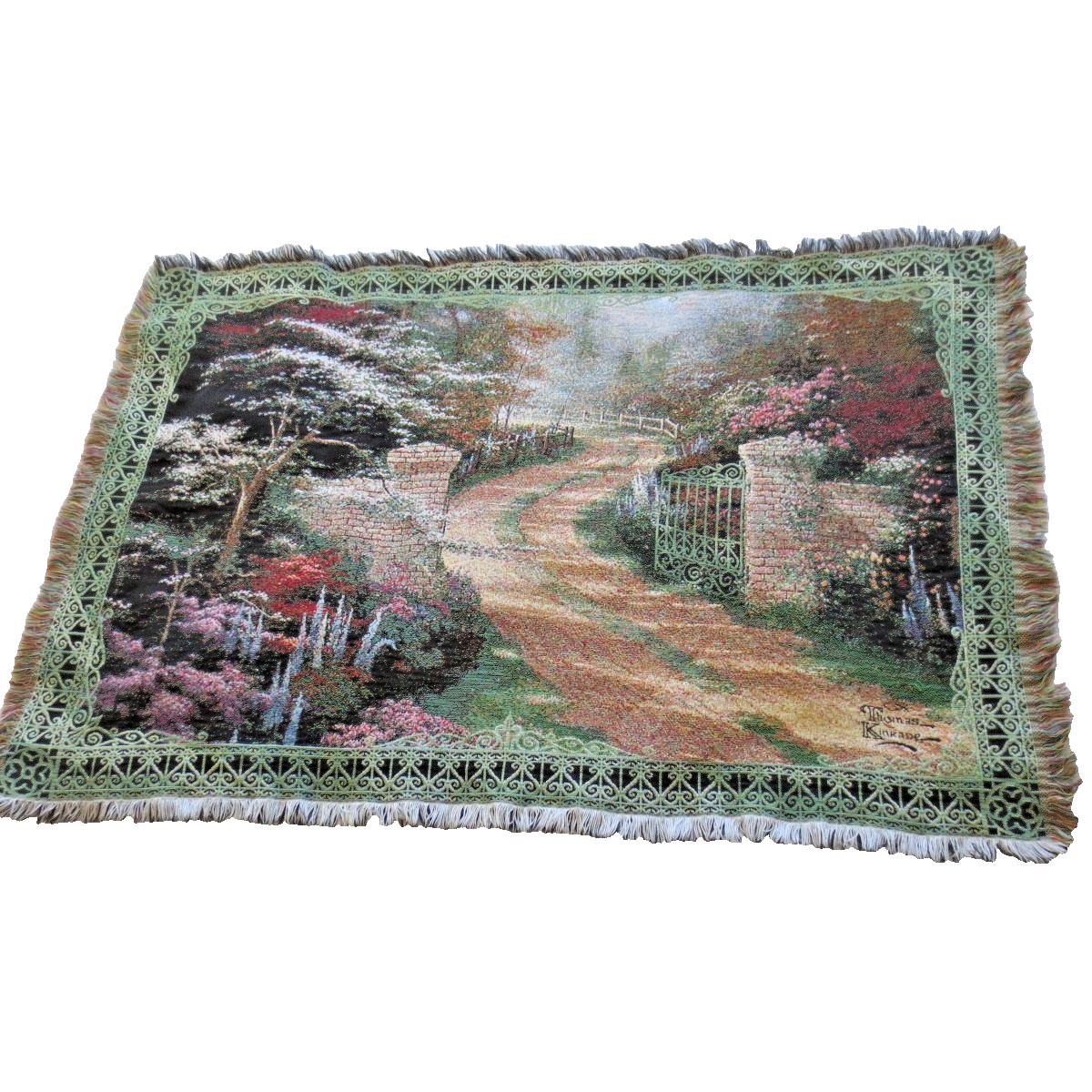 Thomas Kinkade Painter Of Light SPRING GATE Tapestry Fringed Throw Blanket 52X64