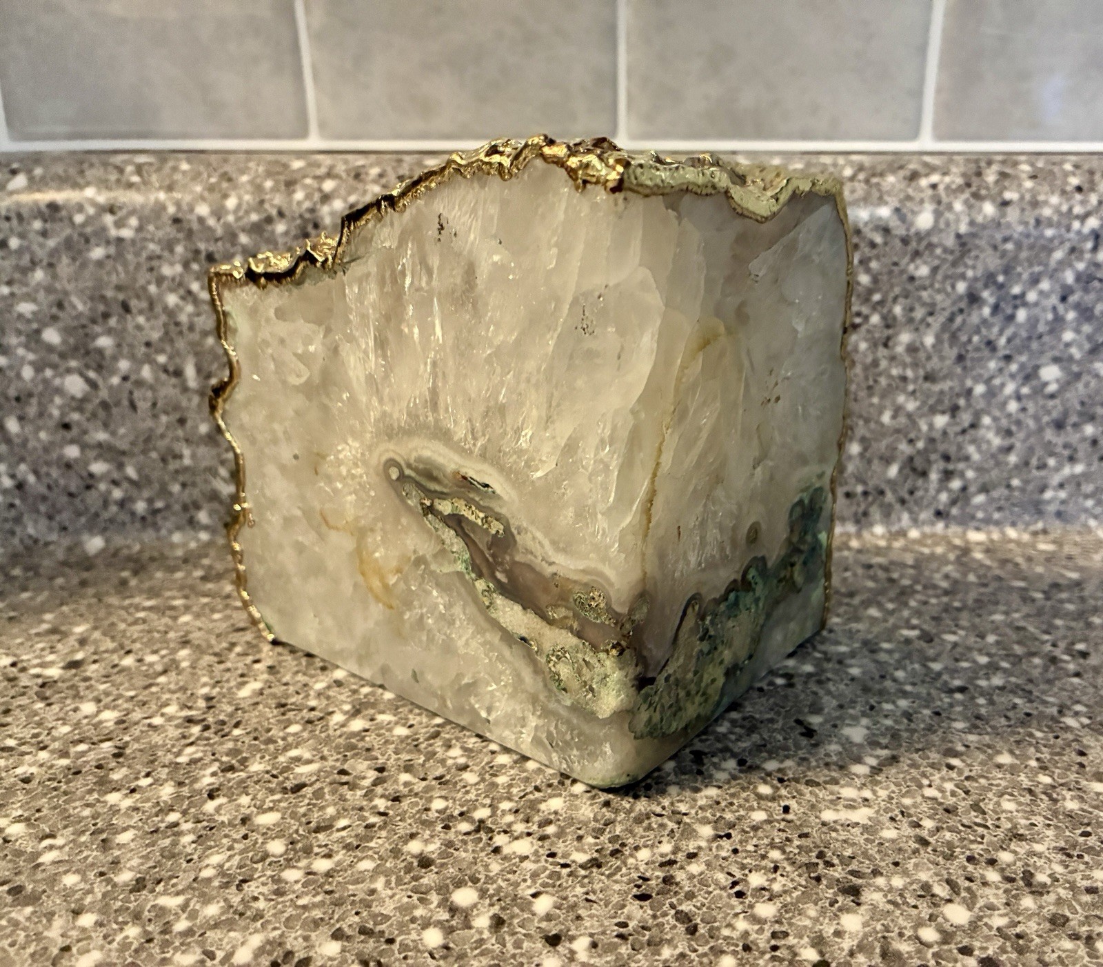 Natural Polished Agate Gold Plated Finish Single Bookend 3 Lb 12.6 Ounce