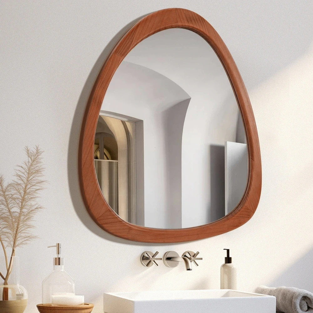 Asymmetrical Irregular Wood Wall Mirror Light Brown Mid Century Boho Farm 20×23″
