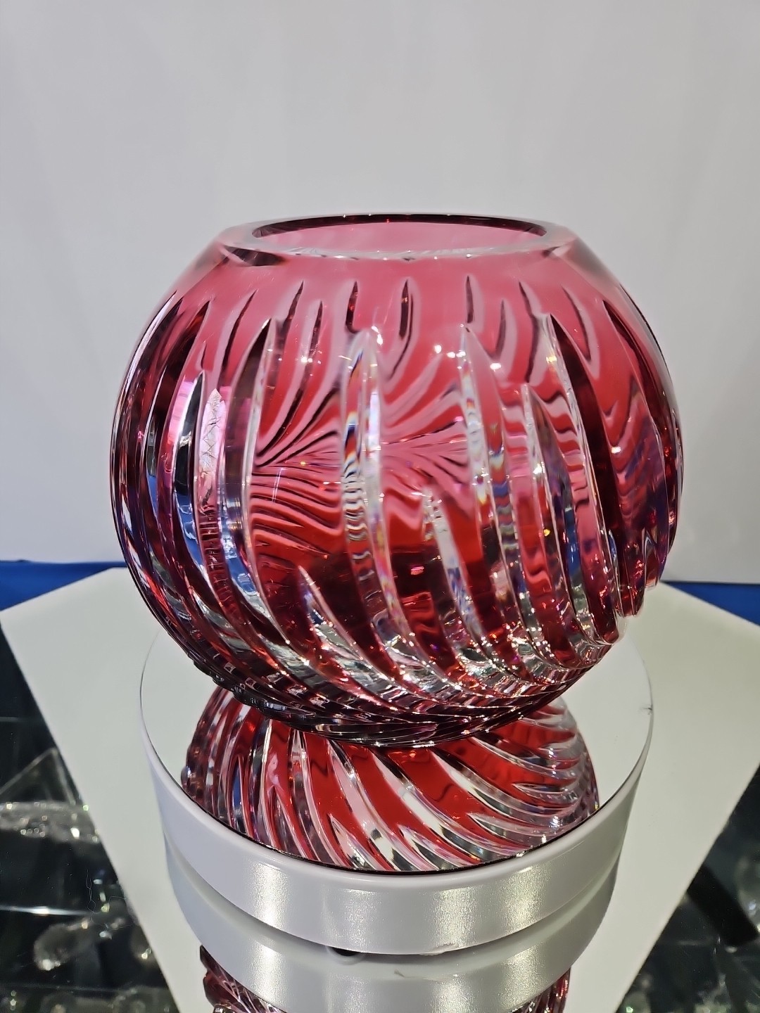 6″ Rose Globe Bowl Vase, Glass Cranberry Red Pink Cut to clear Crystal Lausitzer