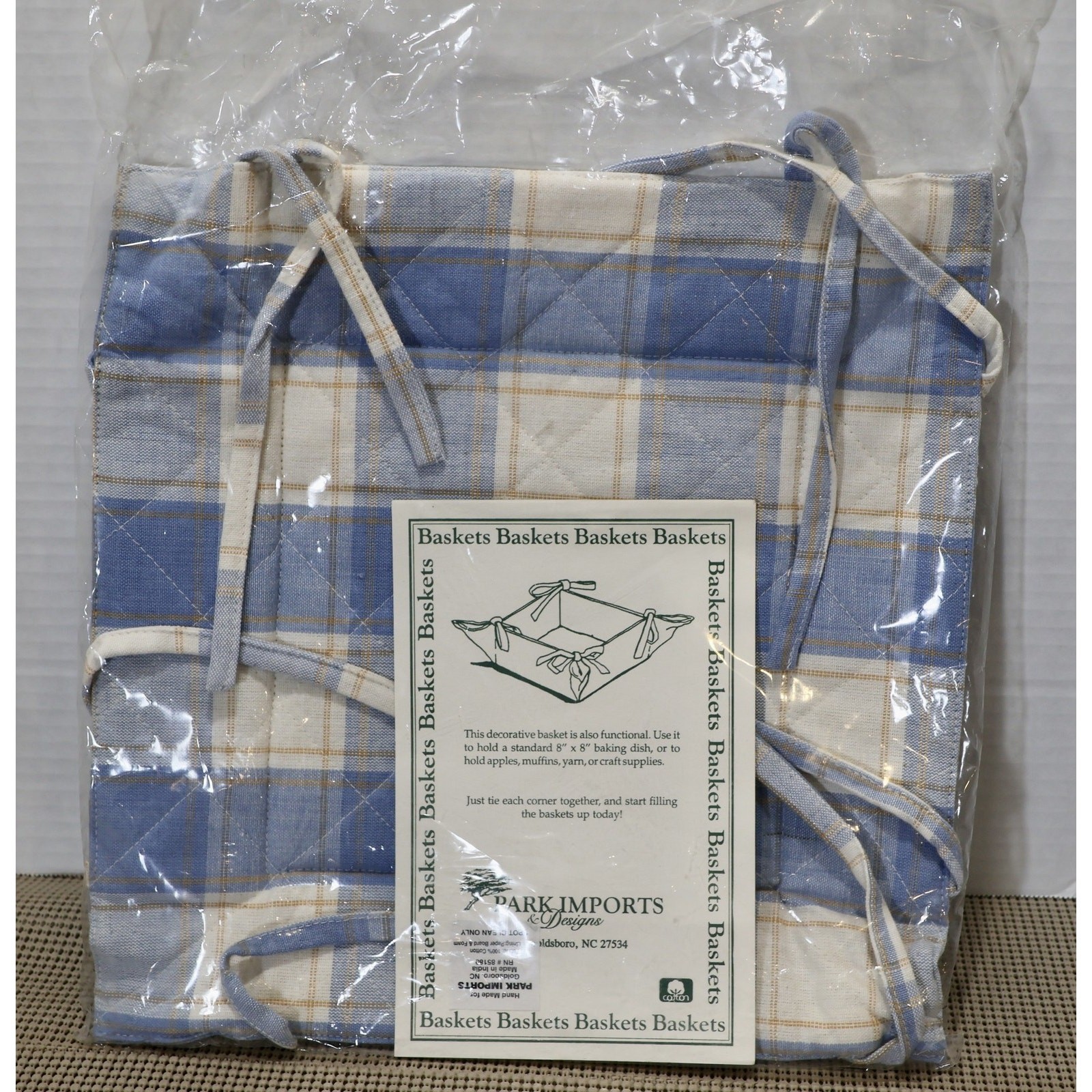 Folding Tie Corner Collapsible Bread Basket Fabric Blue Plaid 8×8 Park Imports