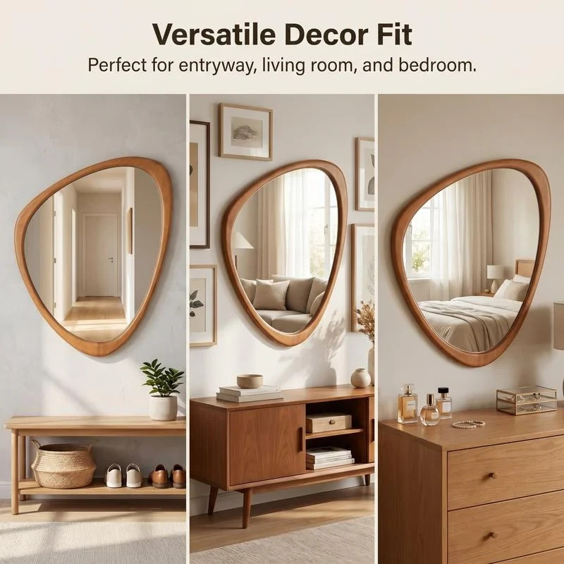 Asymmetrical Irregular Wood Wall Mirror Light Brown Mid Century Boho Farm 20×23″