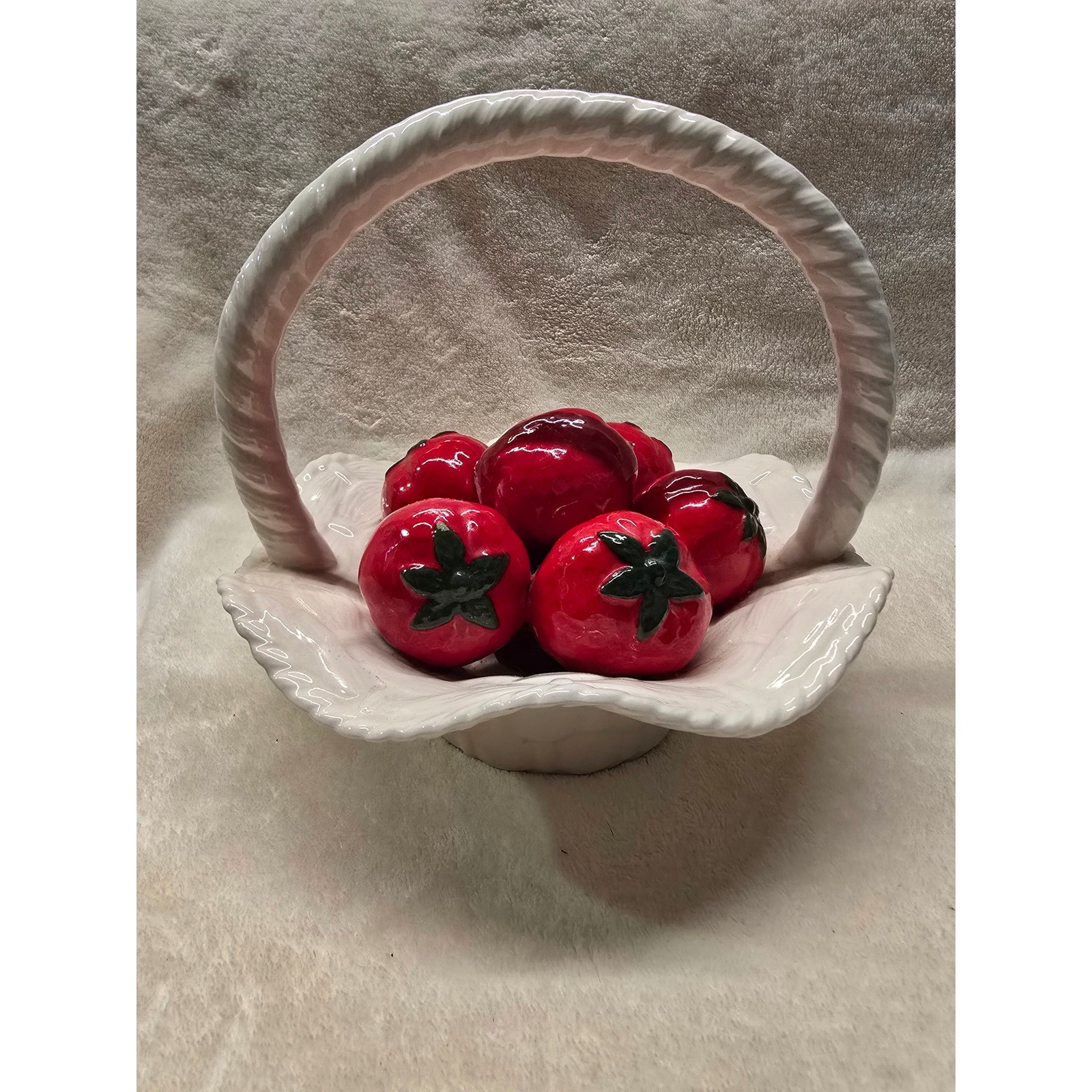 Vintage Ceramic Fruit Basket Centerpiece White Woven Bowl with 6 Strawberries