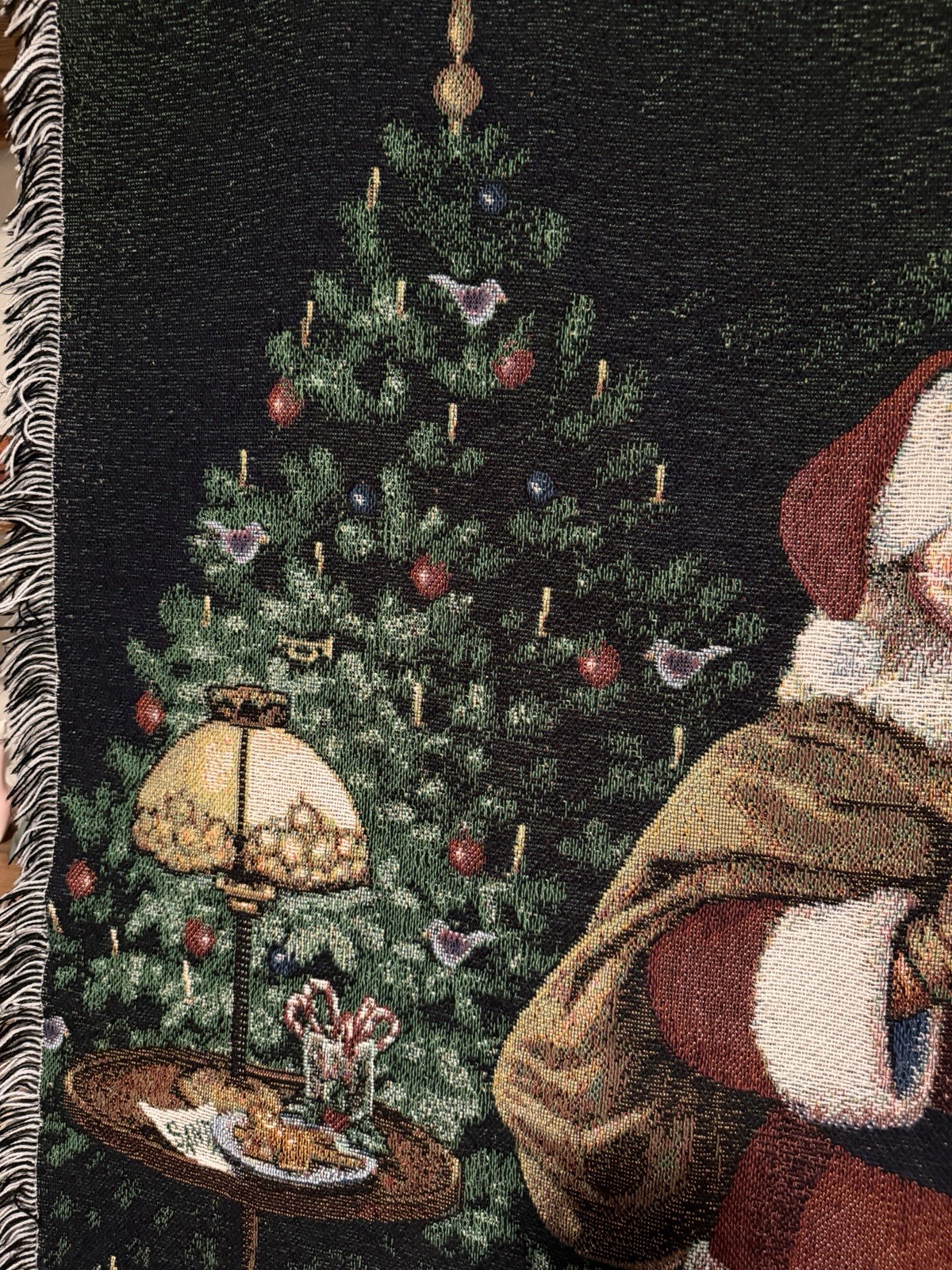 Fringed Tapestry Christmas Throw Blanket Santa, Tree, Fireplace 58”x47”