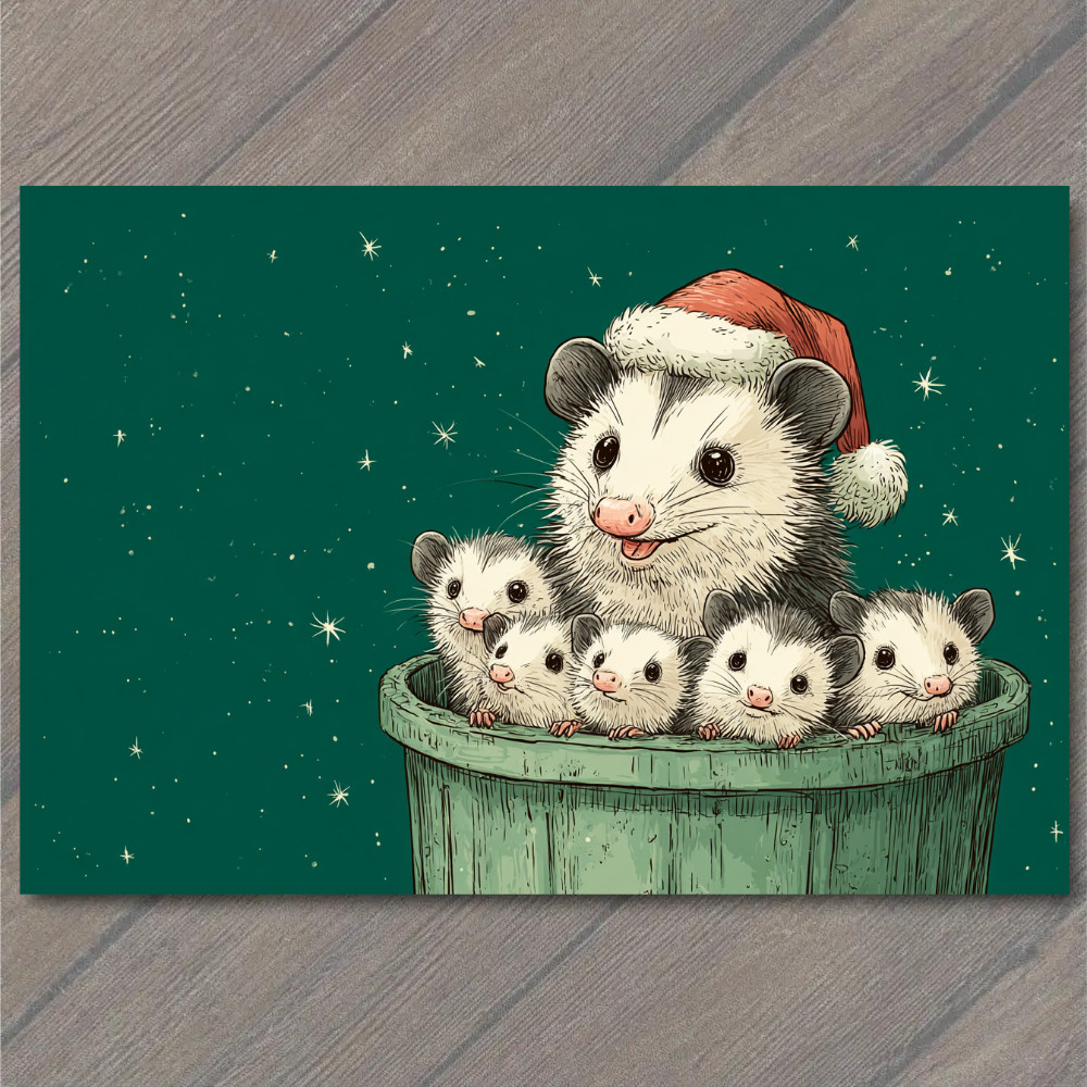 Art Print Christmas Possum Family Santa Hat Cute Funny Trash Can Holiday Card