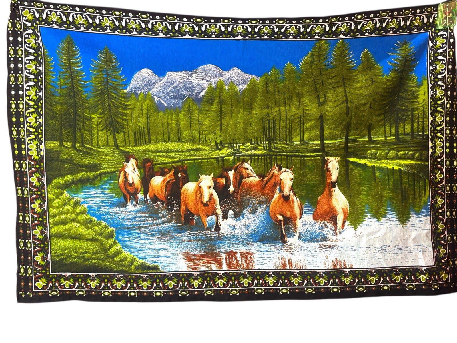 RJ Wild Horses Run 100% Cotton Tapestry Forest Mountain Scene 51.5×33.5