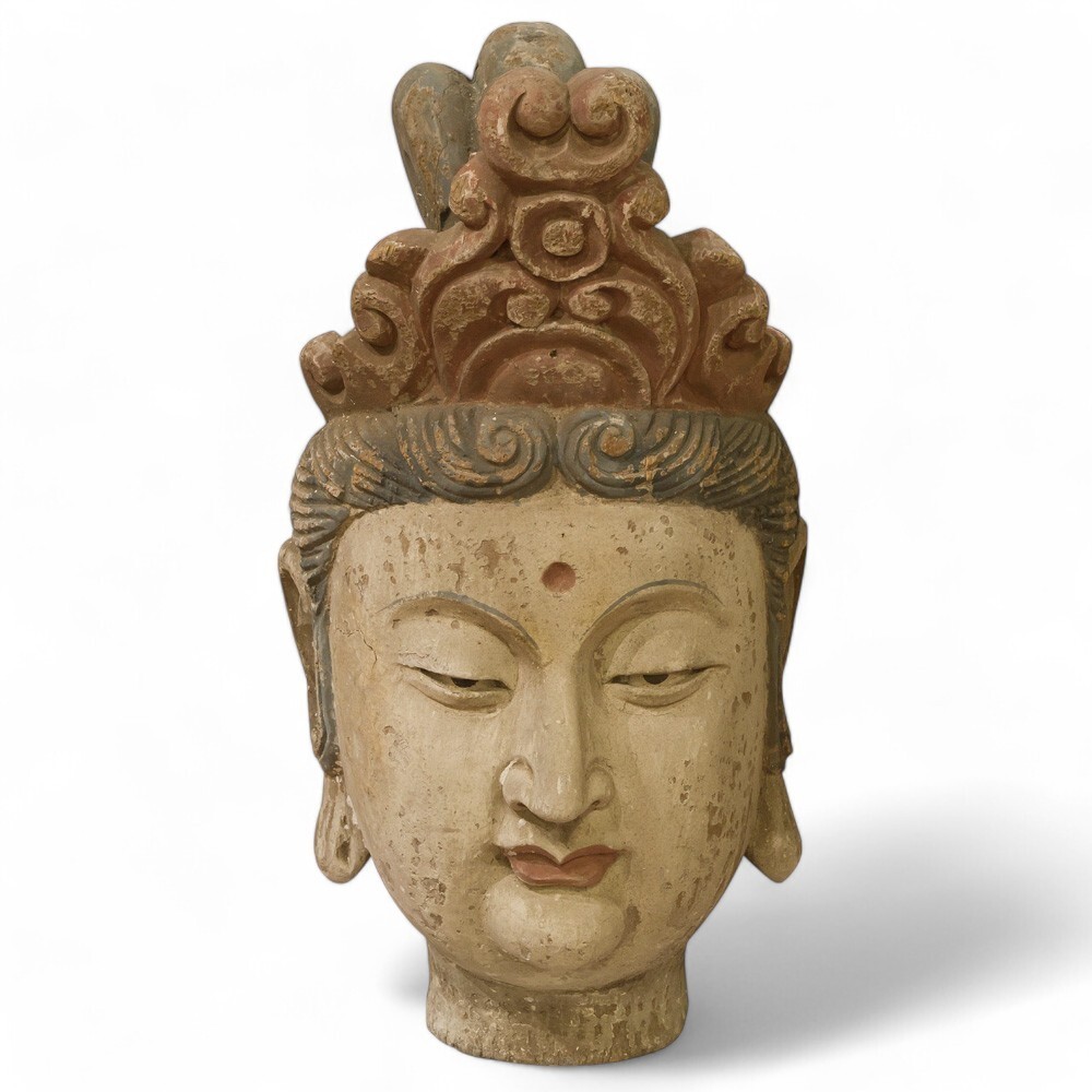 US Seller – Vintage Guanyin Head Chinese Goddess Wooden Sculpture