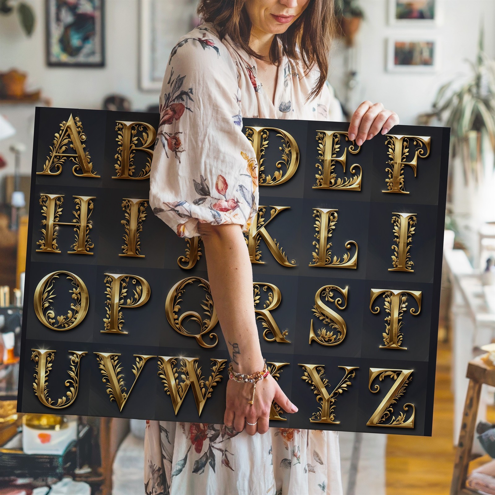 Wall Art Stunning Decorative Alphabet Set Features Ornate Golden Letters From A