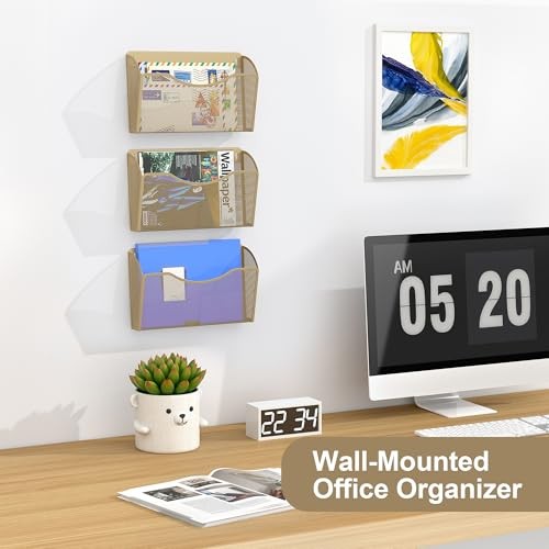 Wall File Organizer 3 Pack, Hanging File Organizer Wall Mount, Metal Mesh Gold